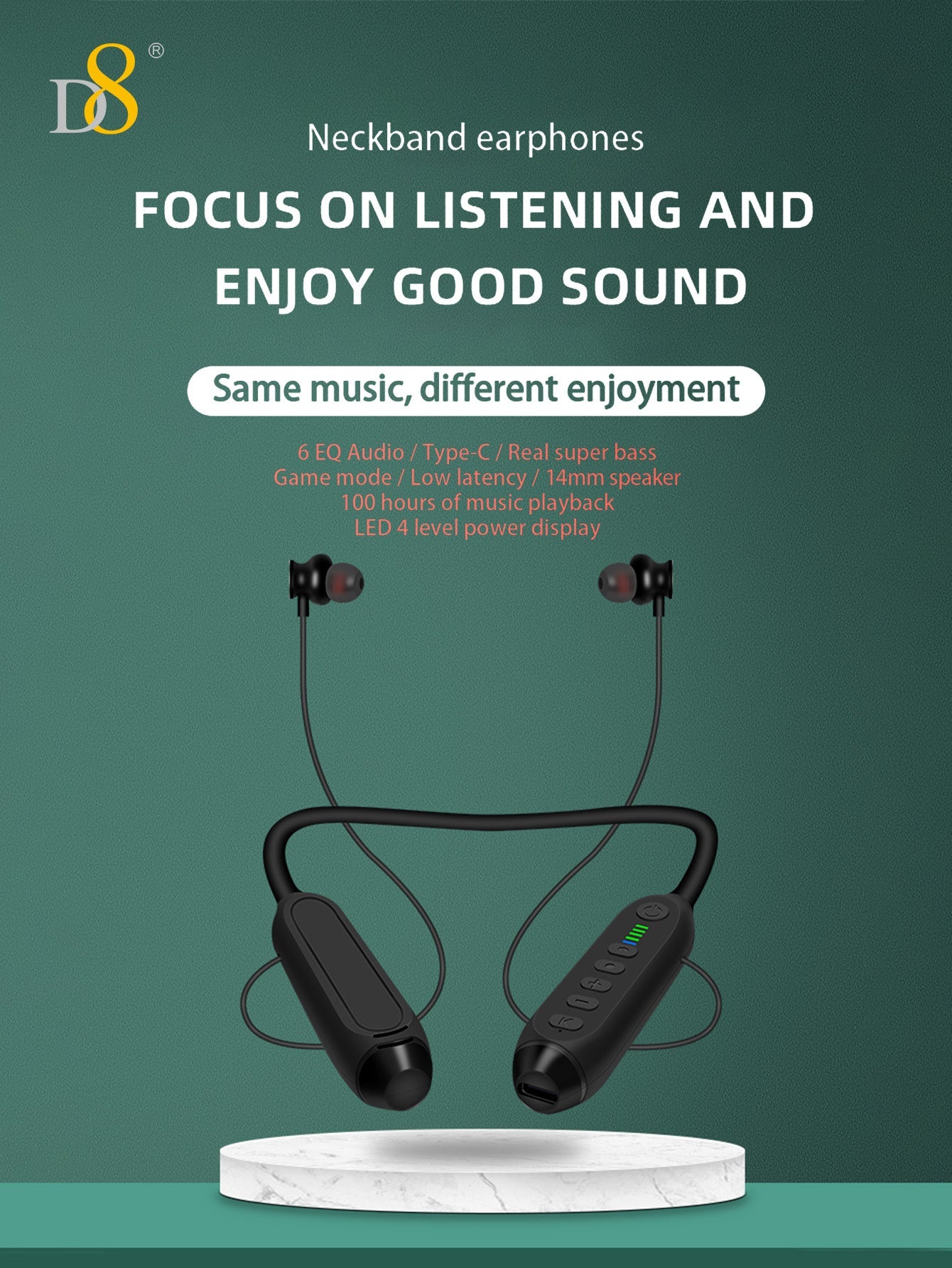 D8 Around The Neck Headphones ,100 Hours Extra Long Playback with Microphone Headset, Balanced Armature Drivers Stereo in Ear Wireless Headphones, Waterproof Workout Magnetic Neckband Earphone D8 Wireless Headphones Around Neck with Mic Long Battery Life