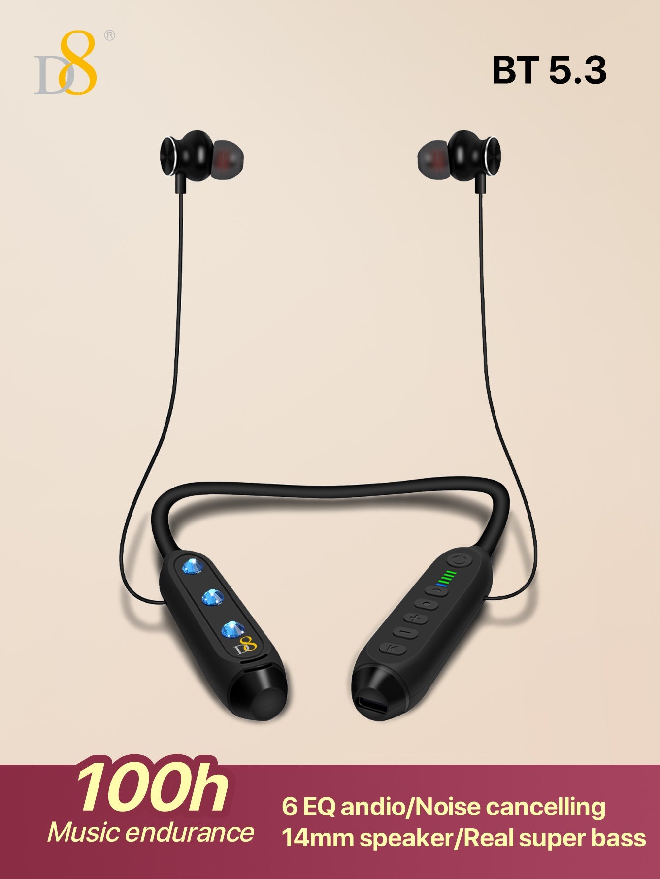 D8 Around The Neck Headphones ,100 Hours Extra Long Playback with Microphone Headset, Balanced Armature Drivers Stereo in Ear Wireless Headphones, Waterproof Workout Magnetic Neckband Earphone D8 Wireless Headphones Around Neck with Mic Long Battery Life