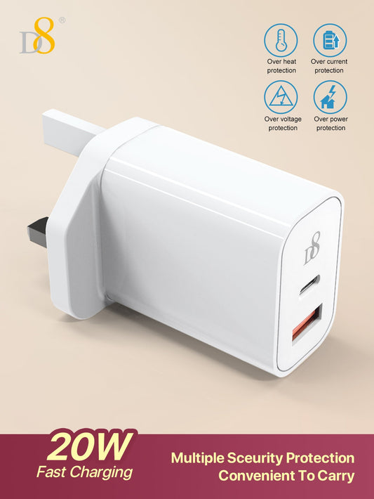 D8 20W USB C Charger Block - Dual Port PD & QC 3.0 Wall Adapter for iPhone 15, iPad, Galaxy
