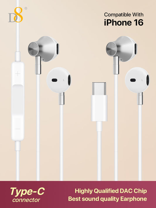 D8 USB Type C In-Ear Headphones (2 Packs) with Mic & Volume Control - Compatible with iPhone 16, iPad & Galaxy