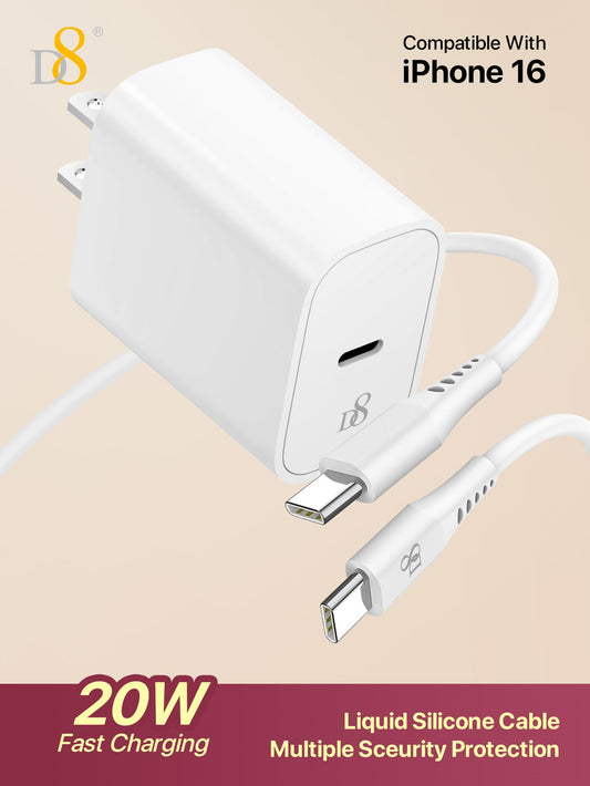 D8 20W USB-C Fast Charger with Cable, ETL Listed, for iPhone/iPad Pro