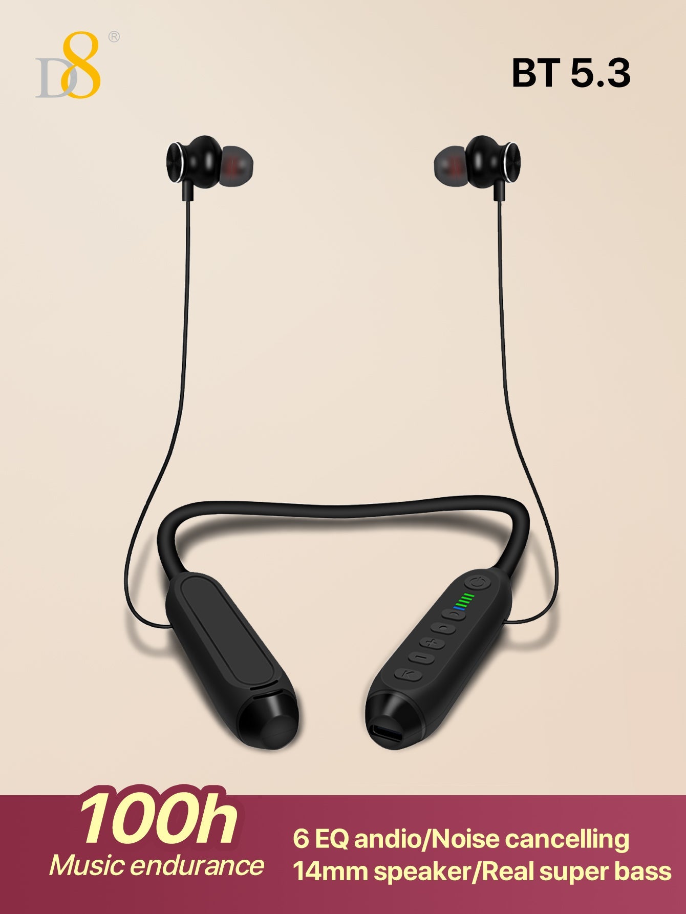 D8 Around The Neck Headphones ,100 Hours Extra Long Playback with Microphone Headset, Balanced Armature Drivers Stereo in Ear Wireless Headphones, Waterproof Workout Magnetic Neckband Earphone D8 Wireless Headphones Around Neck with Mic Long Battery Life