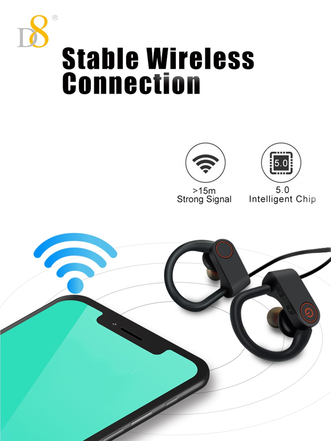 D8 Wireless Sports Earbuds, BT5.3, 10H Playtime, Deep Bass for Workouts