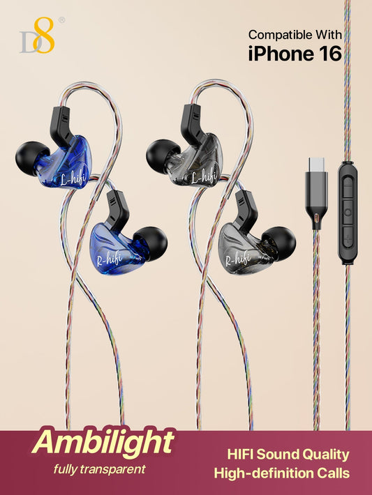 D8 USB-C Wired Earbuds, Mic, Controls, Sport Earhook, for iPhone/Galaxy/iPad