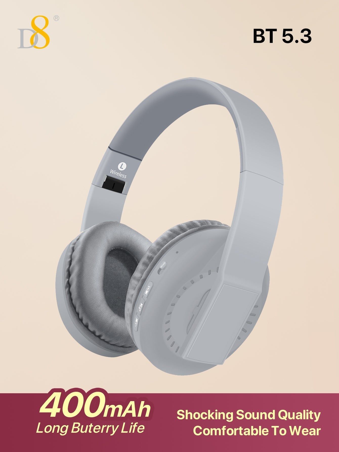 D8 Foldable Over-Ear Headphones, Wireless/Wired, Mic, Deep Bass, 10H Playtime