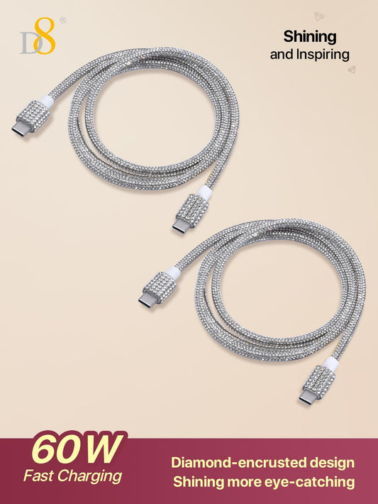 D8 USB-C Fast Charging Cable, 2-Pack 3.3FT 60W, Crystal Design for iPhone/Galaxy