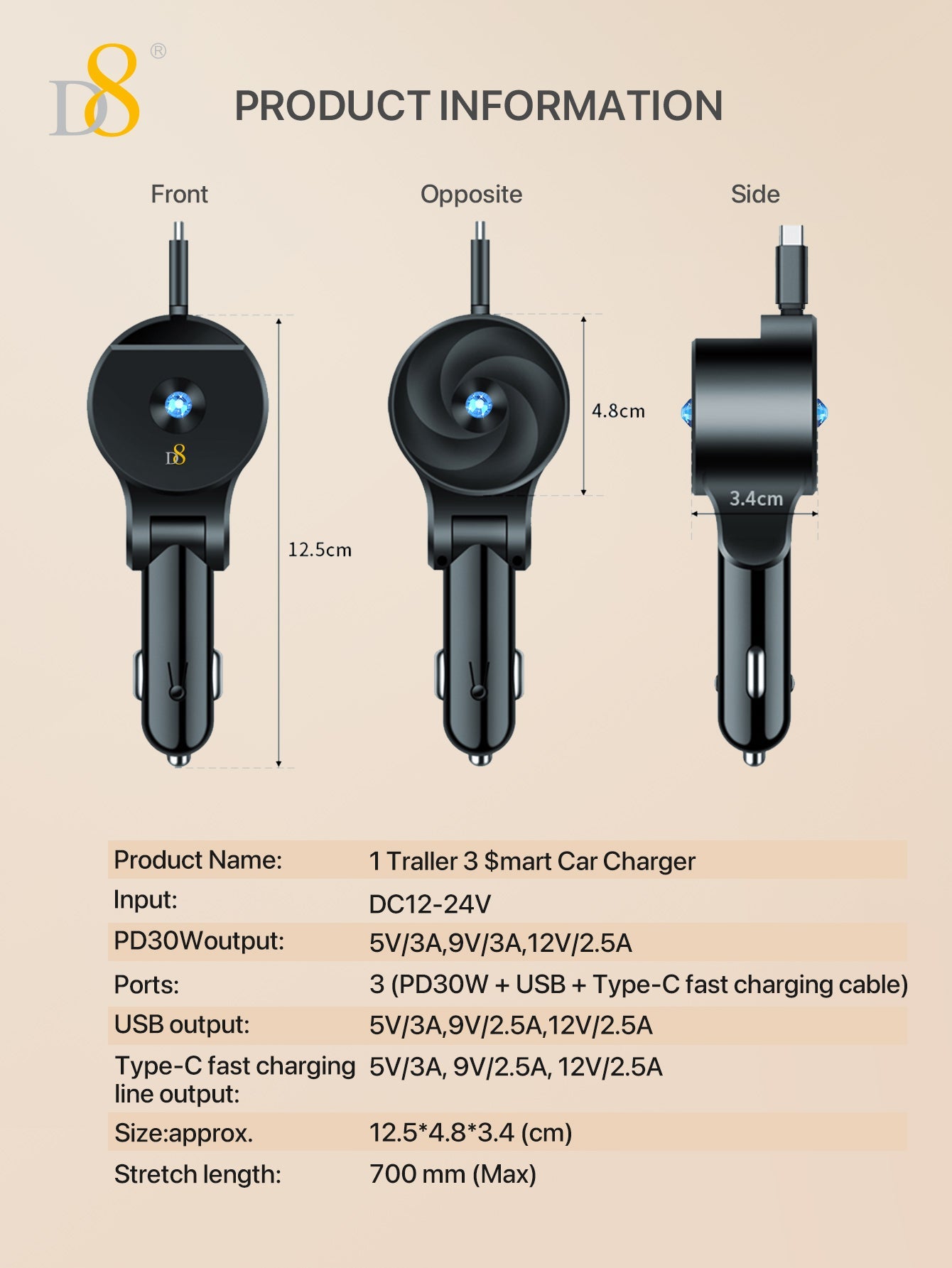 D8 New folding and retractable cable PD+QC3.0 car charging fast charging USB-C PD:30W, Gifts for Men Women Car Accessories, 3in 1 Travel Essentials Multi Charging, for iPhone 16/15/14/13 iPad MacBook S amsung S24/S23+ Multiple Chargers for All Devices