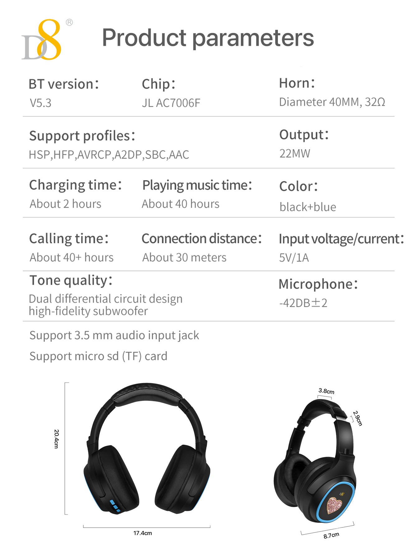 D8 Wireless  Headphones Over-Ear, with Microphone, 3.5MM Wired Stereo Headset Micro SD/TF, PC,Soft Earmuffs &Light Weight for Prolonged Wearing，Deep Bass for Home Office Cellphone PC Ect. Holiday Gift Valentine's Day Gift Christmas Gifts,Must-Haves