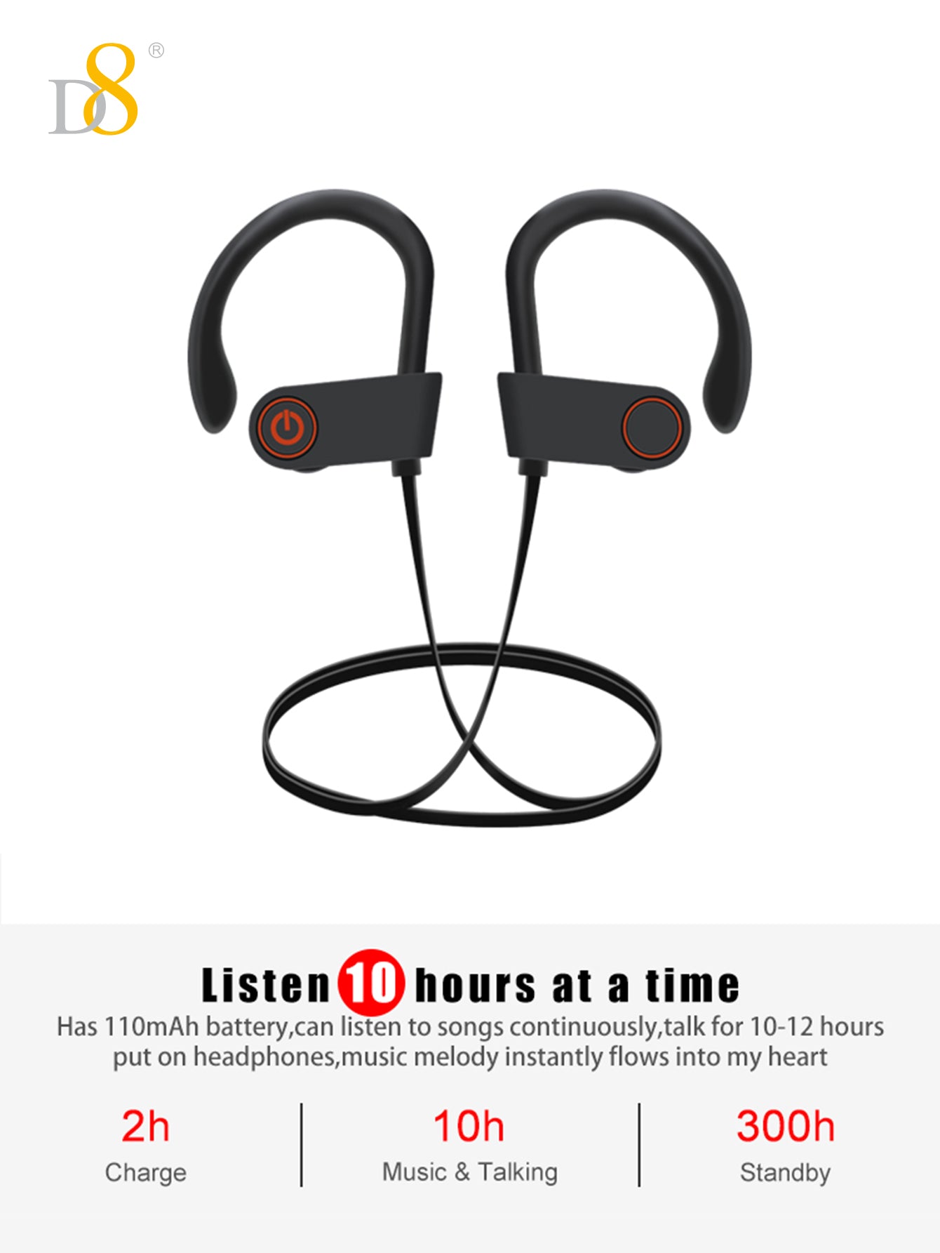 D8 Wireless Sports Earbuds, BT5.3, 10H Playtime, Deep Bass for Workouts