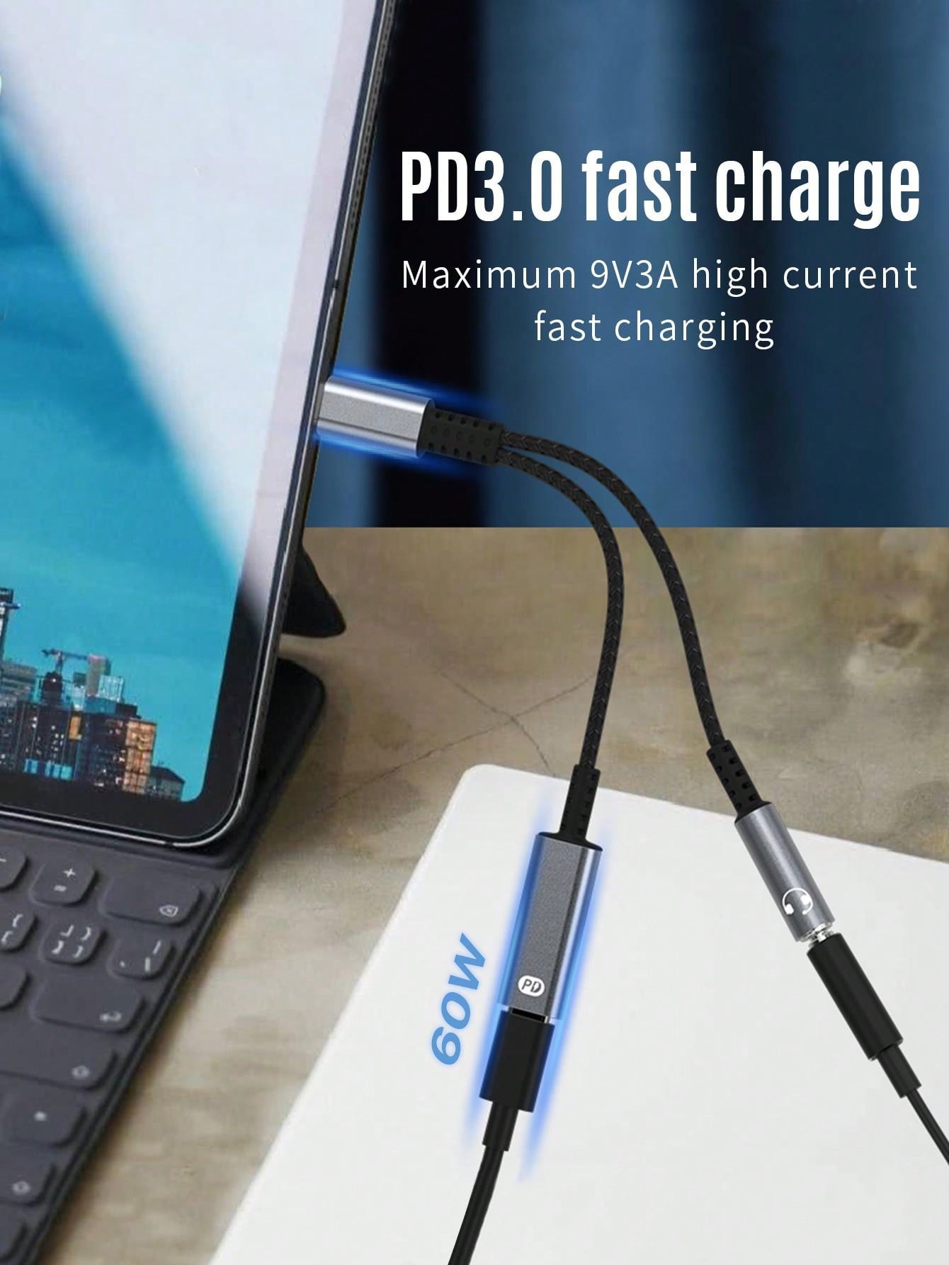 D8 USB-C to 3.5mm Adapter, 2-in-1 Audio + 60W Fast Charger for iPhone/Samsung