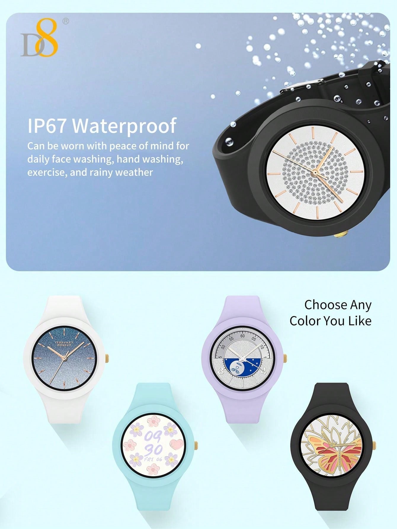 D8 Smartwatch, IP67 Waterproof Tracker, Heart Rate & Sleep Monitor, iOS/Android