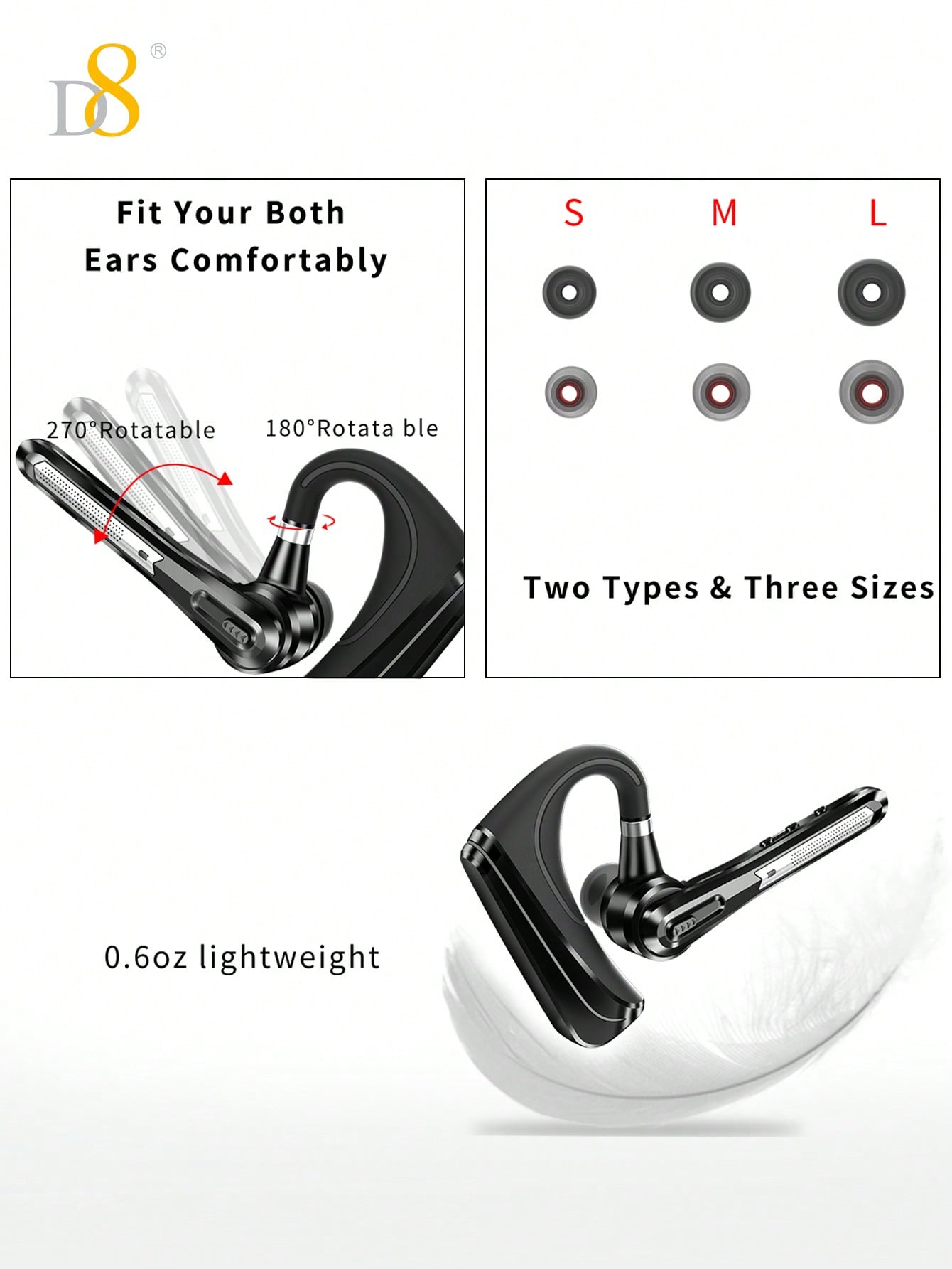 D8 TWS Noise-Canceling Wireless Earbuds, 16H Playtime, LED, Mic, Android/iOS