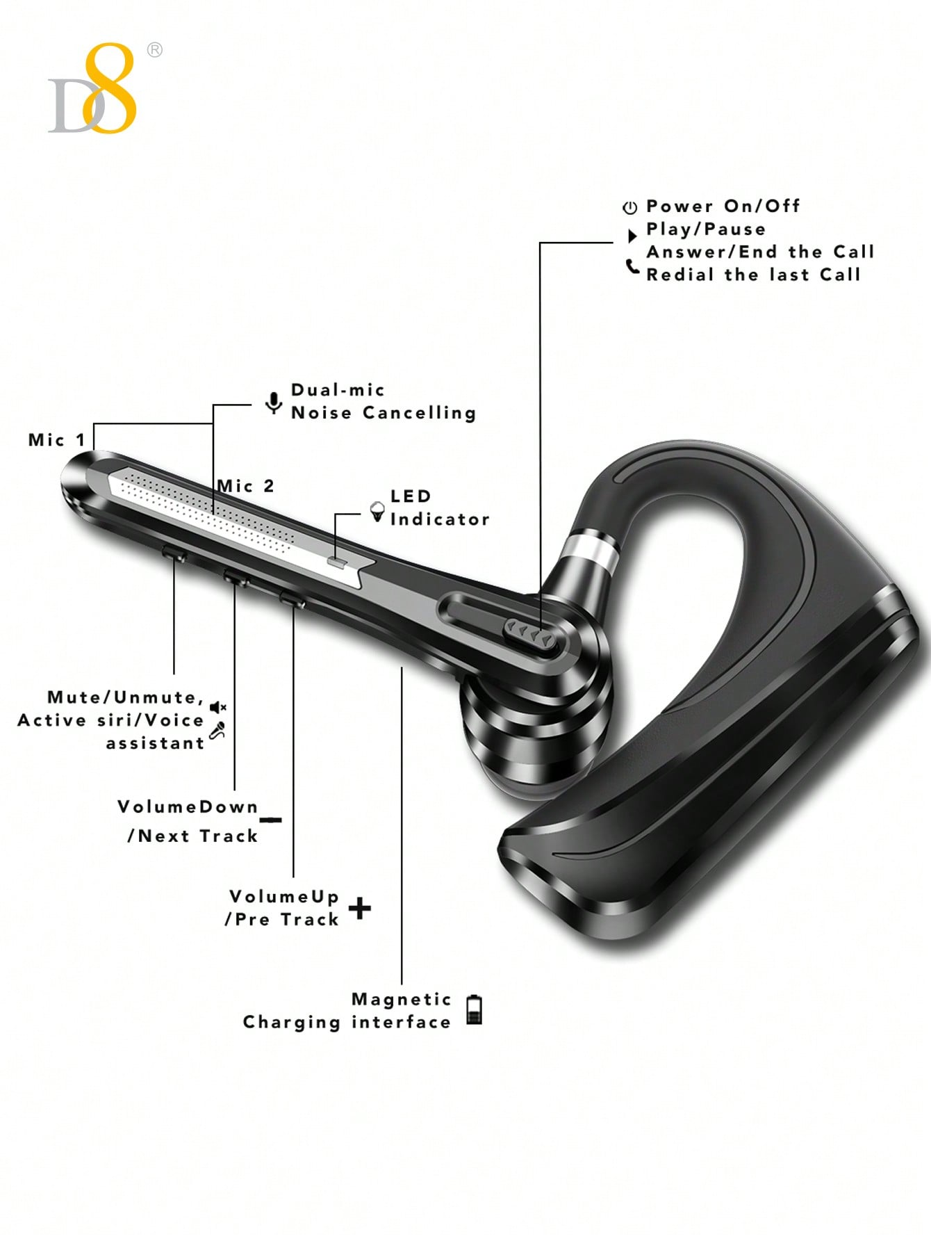 D8 TWS Noise-Canceling Wireless Earbuds, 16H Playtime, LED, Mic, Android/iOS