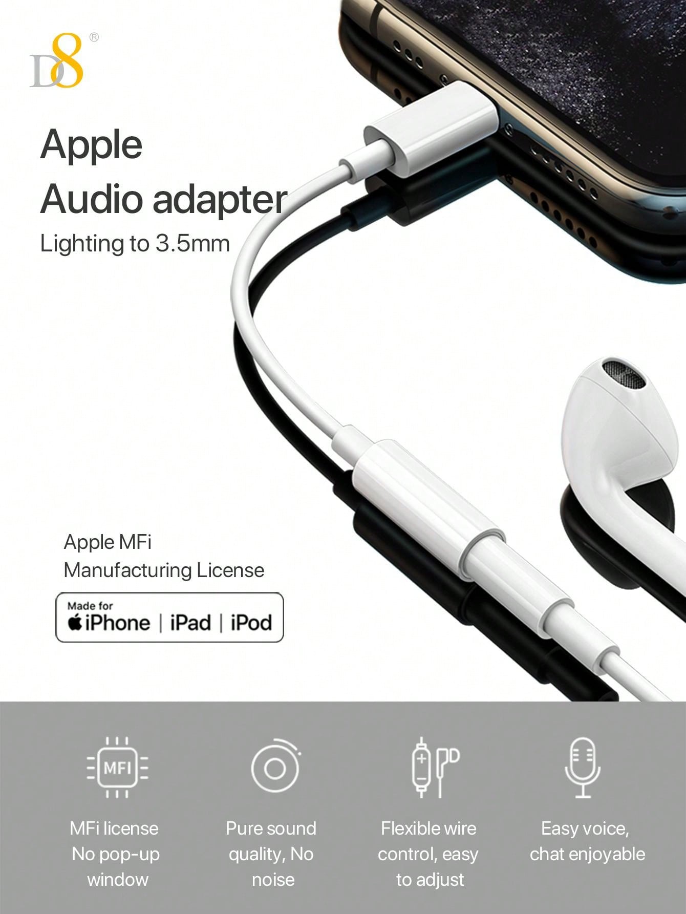D8 3.5mm Audio Charger Cable Adapter for iPhone – 2-in-1 Charging & Audio Adapter for iPhone 15/14/13/12 Series