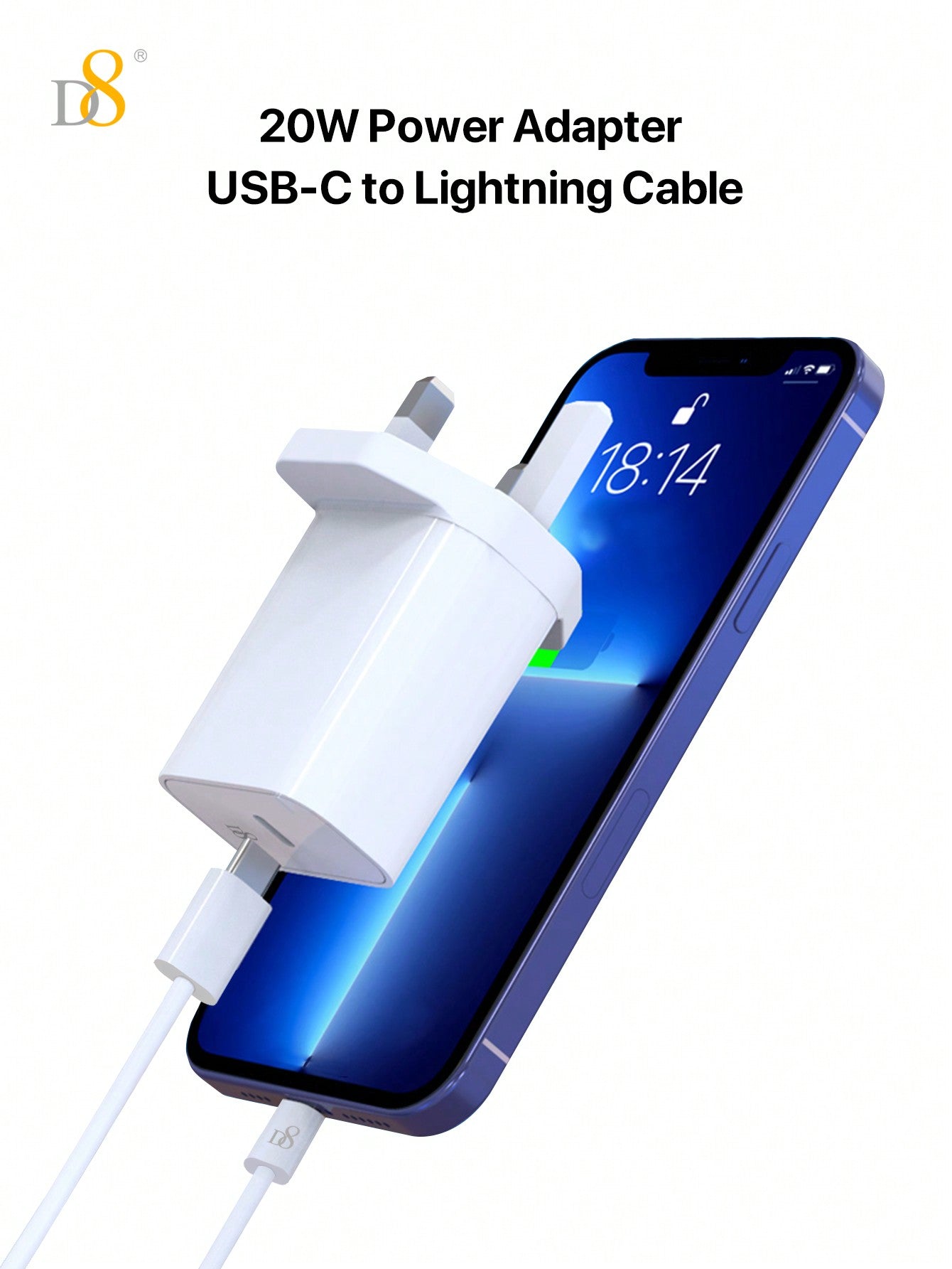 D8 20W PD USB C Wall Charger with 3.3FT Cable, MFi Certified, Super Fast Charging for iPhone & iPad