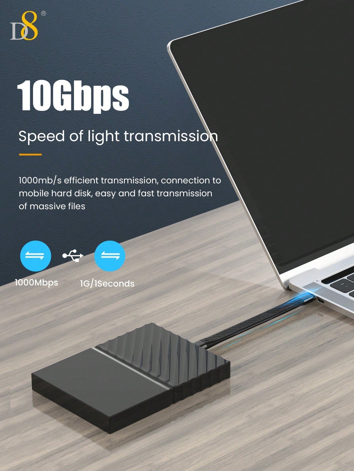 D8 USB C 3.1 Gen 2 Cable 10Gbps, 60W PD, 4K Video for MacBook/iPhone