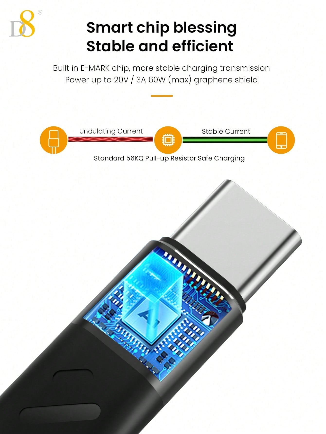 D8 USB C 3.1 Gen 2 Cable 10Gbps, 60W PD, 4K Video for MacBook/iPhone