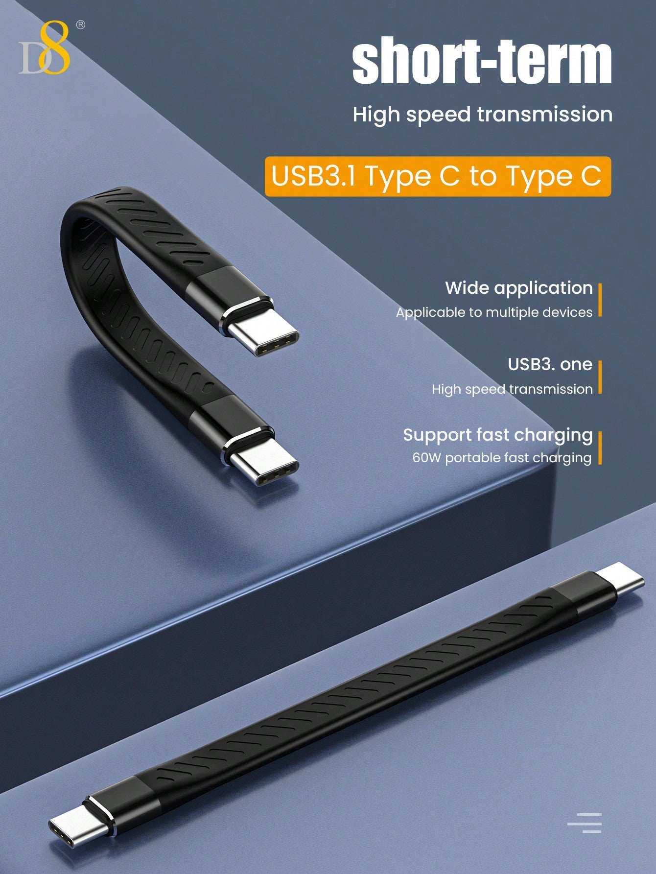 D8 USB C 3.1 Gen 2 Cable 10Gbps, 60W PD, 4K Video for MacBook/iPhone
