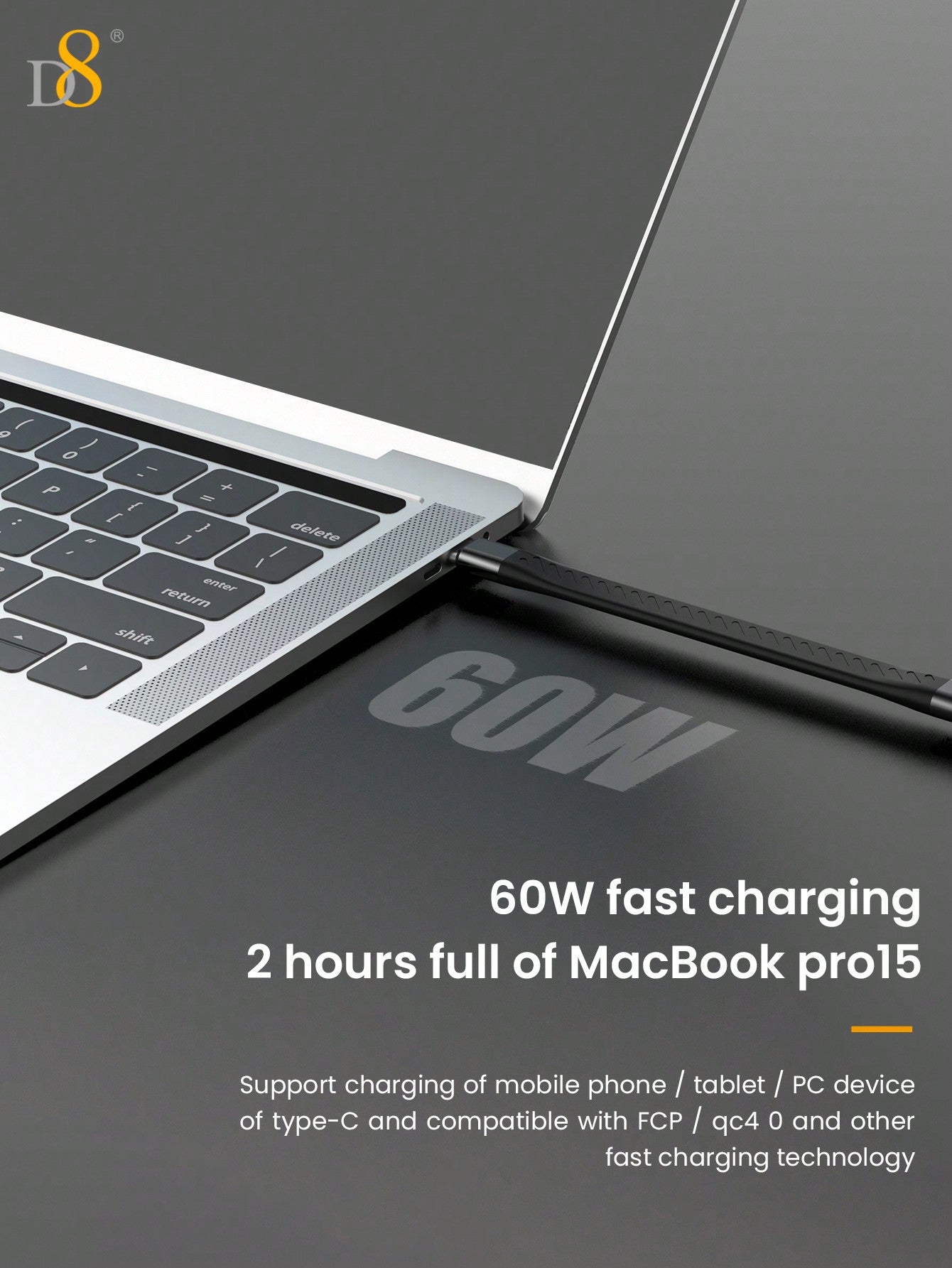 D8 USB C 3.1 Gen 2 Cable 10Gbps, 60W PD, 4K Video for MacBook/iPhone