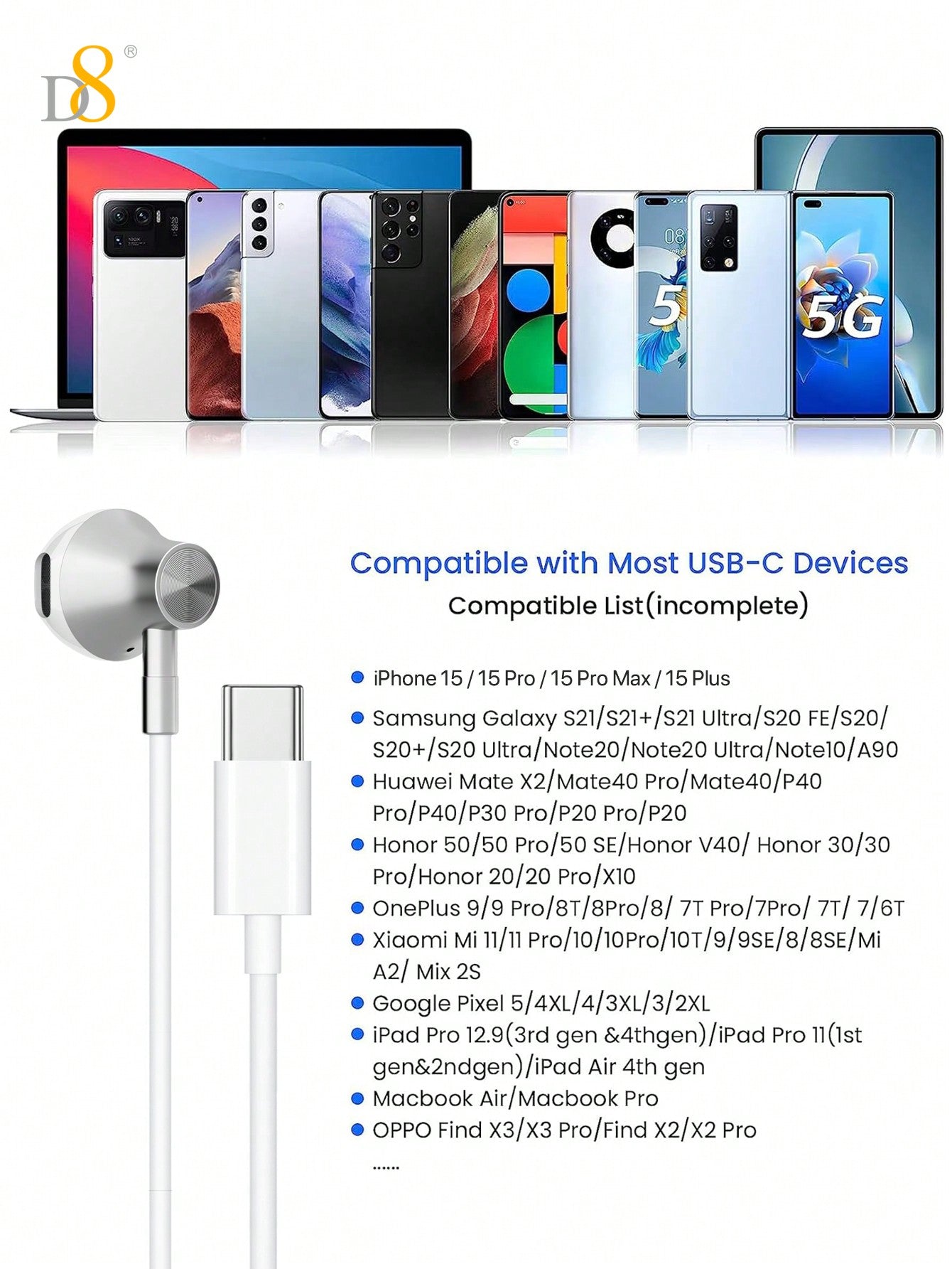 D8 USB Type C In-Ear Headphones (2 Packs) with Mic & Volume Control - Compatible with iPhone 16, iPad & Galaxy
