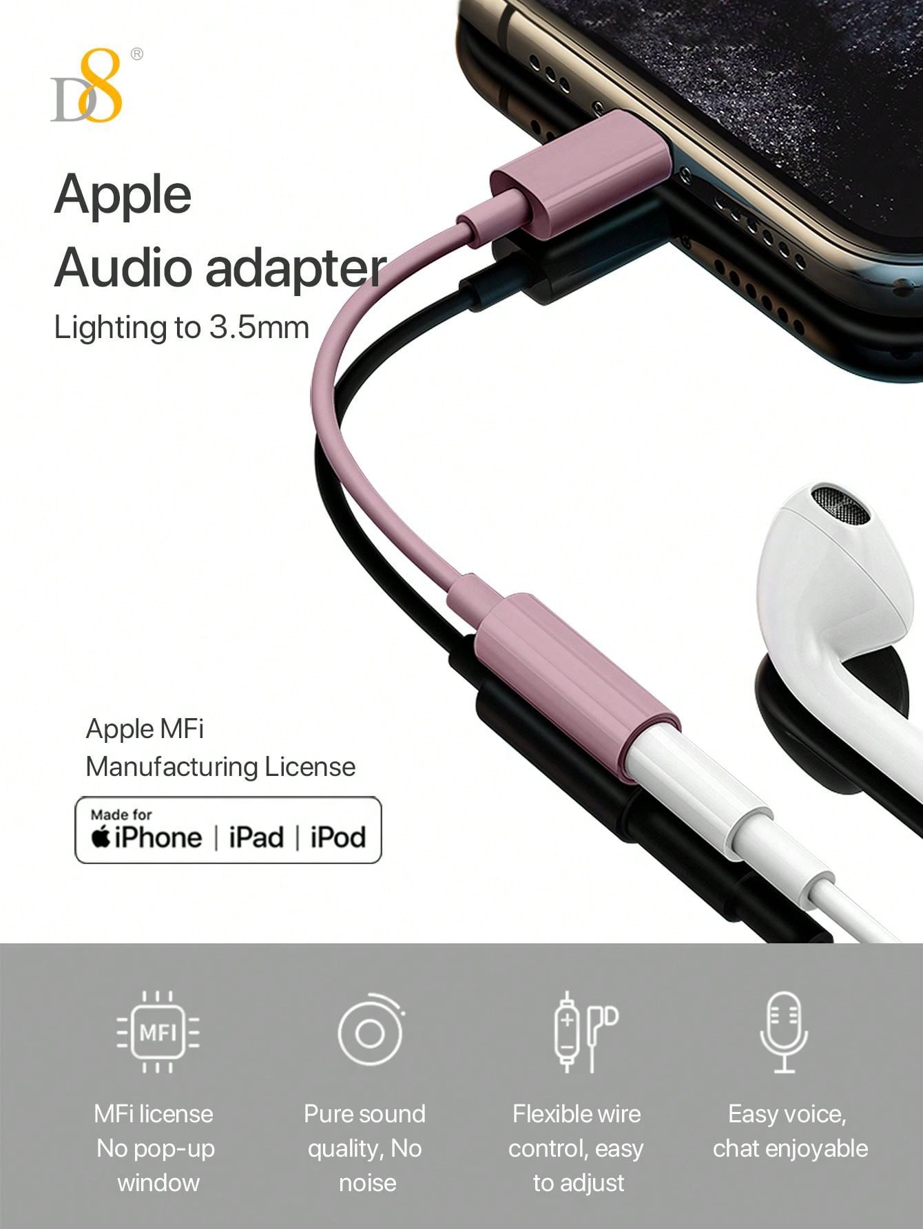 D8 MFi Lightning to 3.5mm Audio Adapter, HiFi DAC Stereo Mic Earphone Dongle