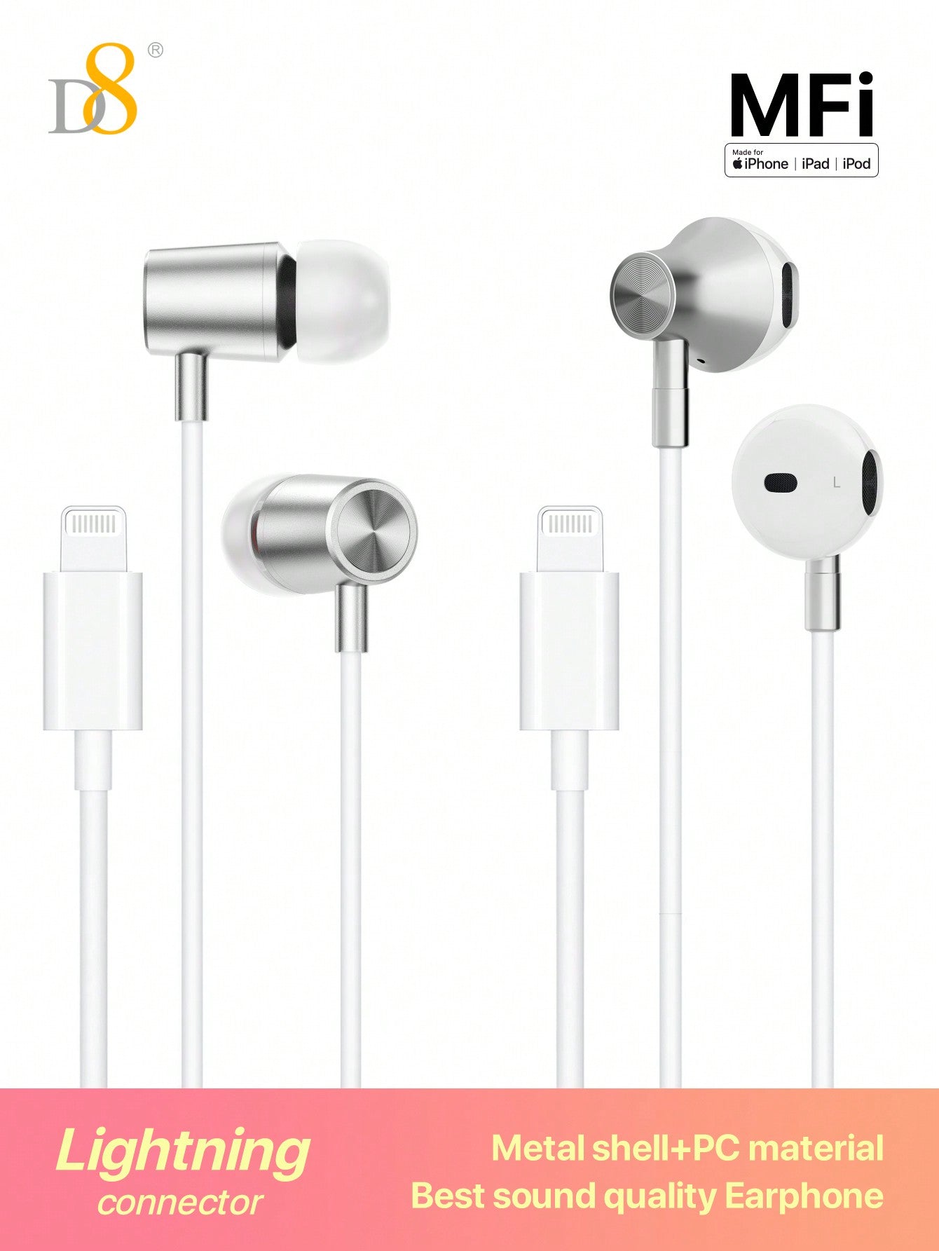 D8 MFi Certified Lightning Earbuds (2Pcs) with Mic Controller, Compatible with iPhone 14/13/12/11 Pro Max