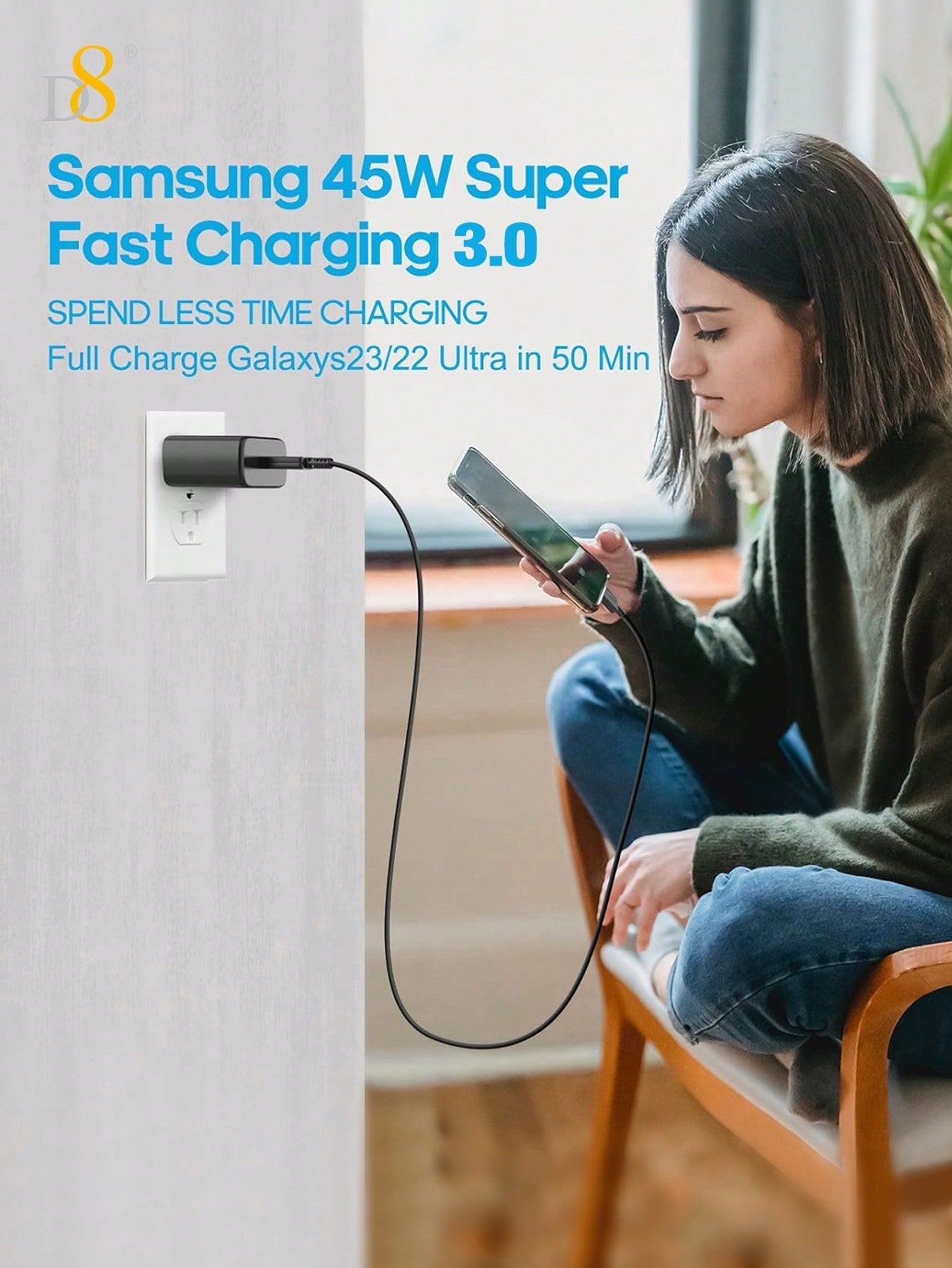 D8 45W USB-C Super Fast Charger, Wall Block for Galaxy/iPhone/Pixel/Tab