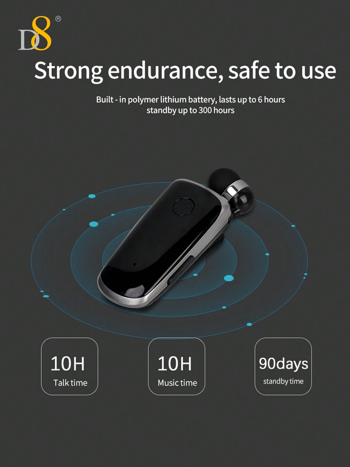 D8 Retractable Wireless Headset, V5.0 Noise-Canceling Clip-On Earbud, 10H Talk
