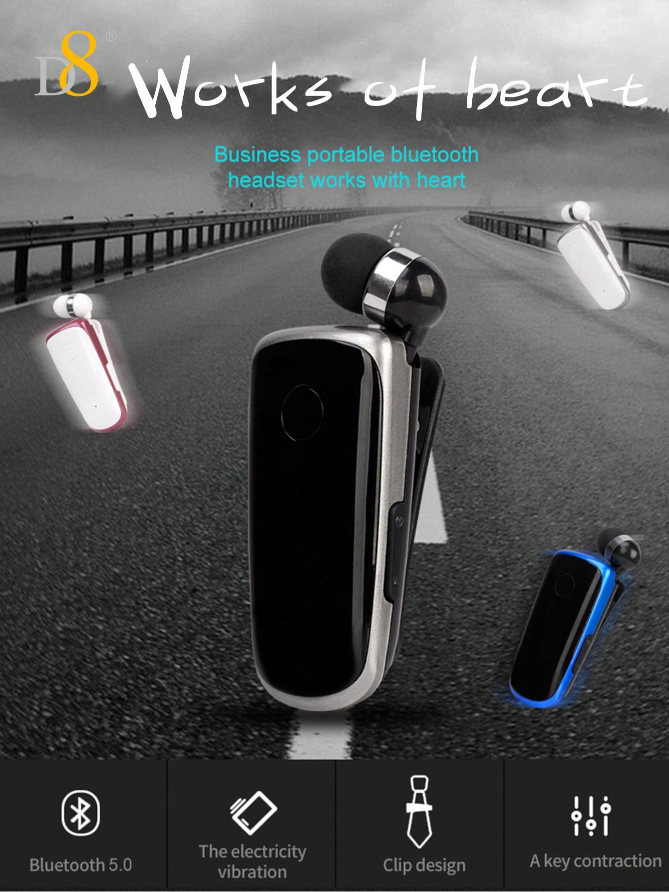 D8 Retractable Wireless Headset, V5.0 Noise-Canceling Clip-On Earbud, 10H Talk