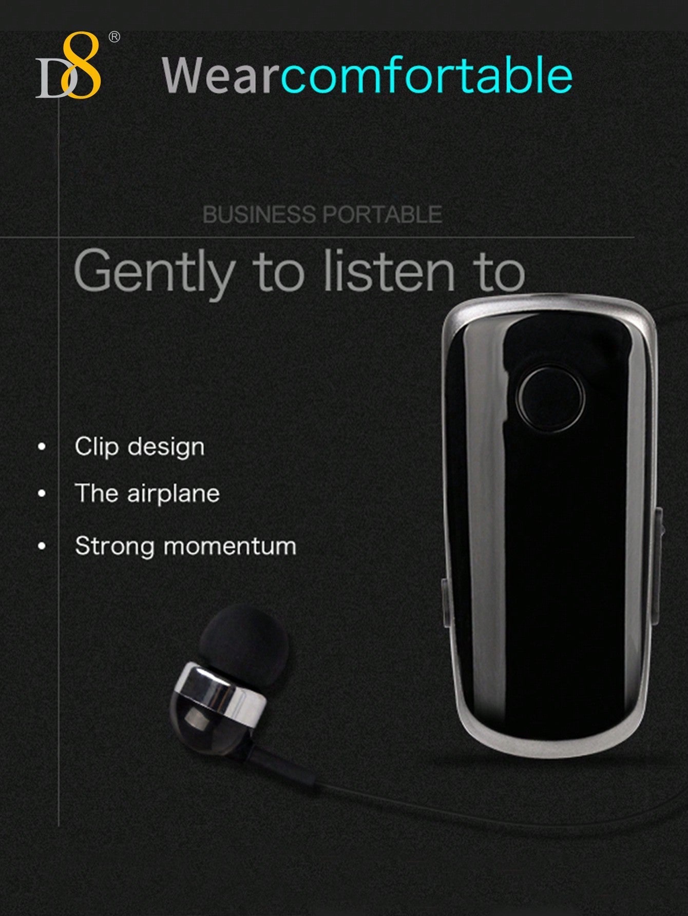 D8 Retractable Wireless Headset, V5.0 Noise-Canceling Clip-On Earbud, 10H Talk