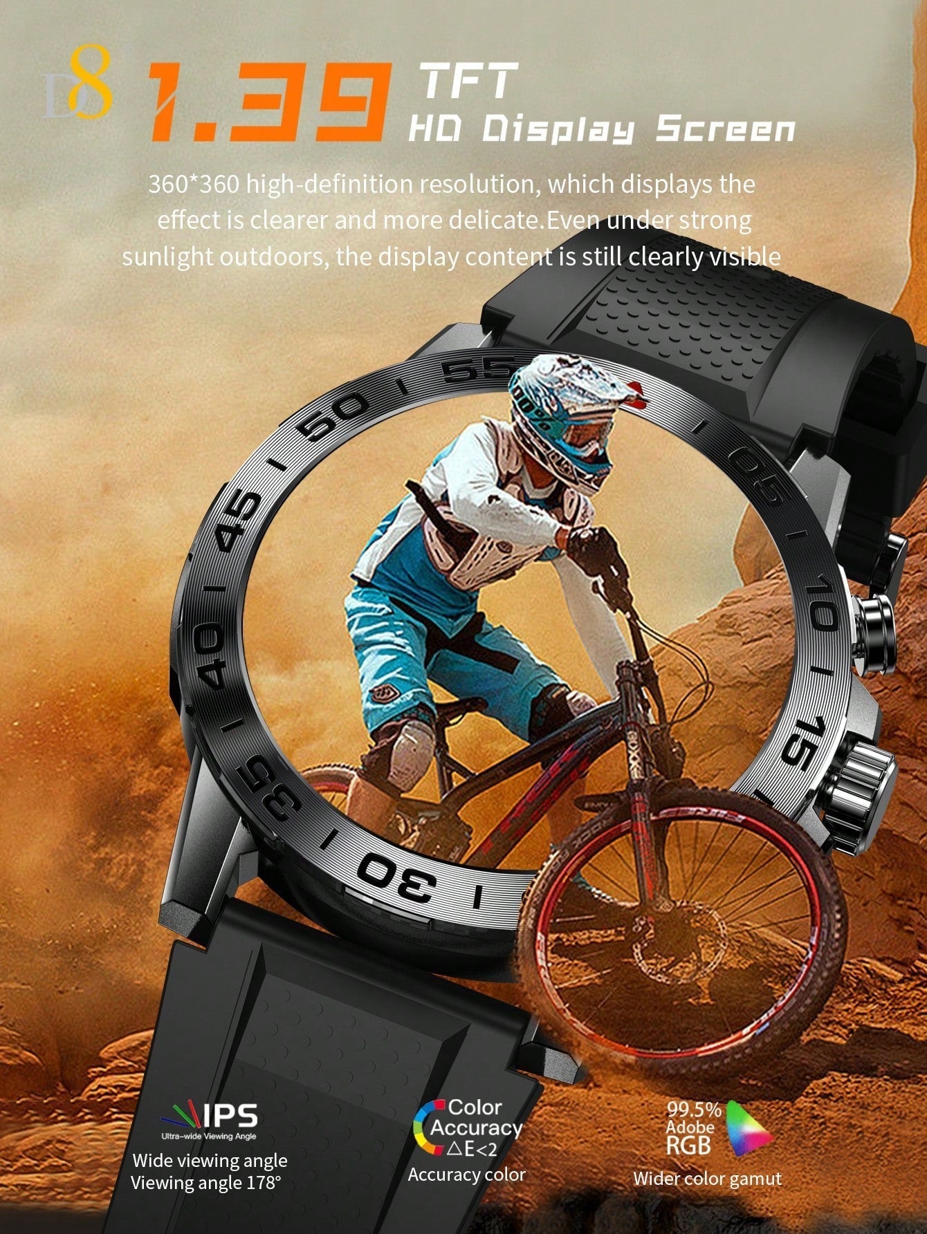 D8 Men's Rugged Smartwatch, 1.39" HD, IP67 Waterproof, 100 Sports Modes