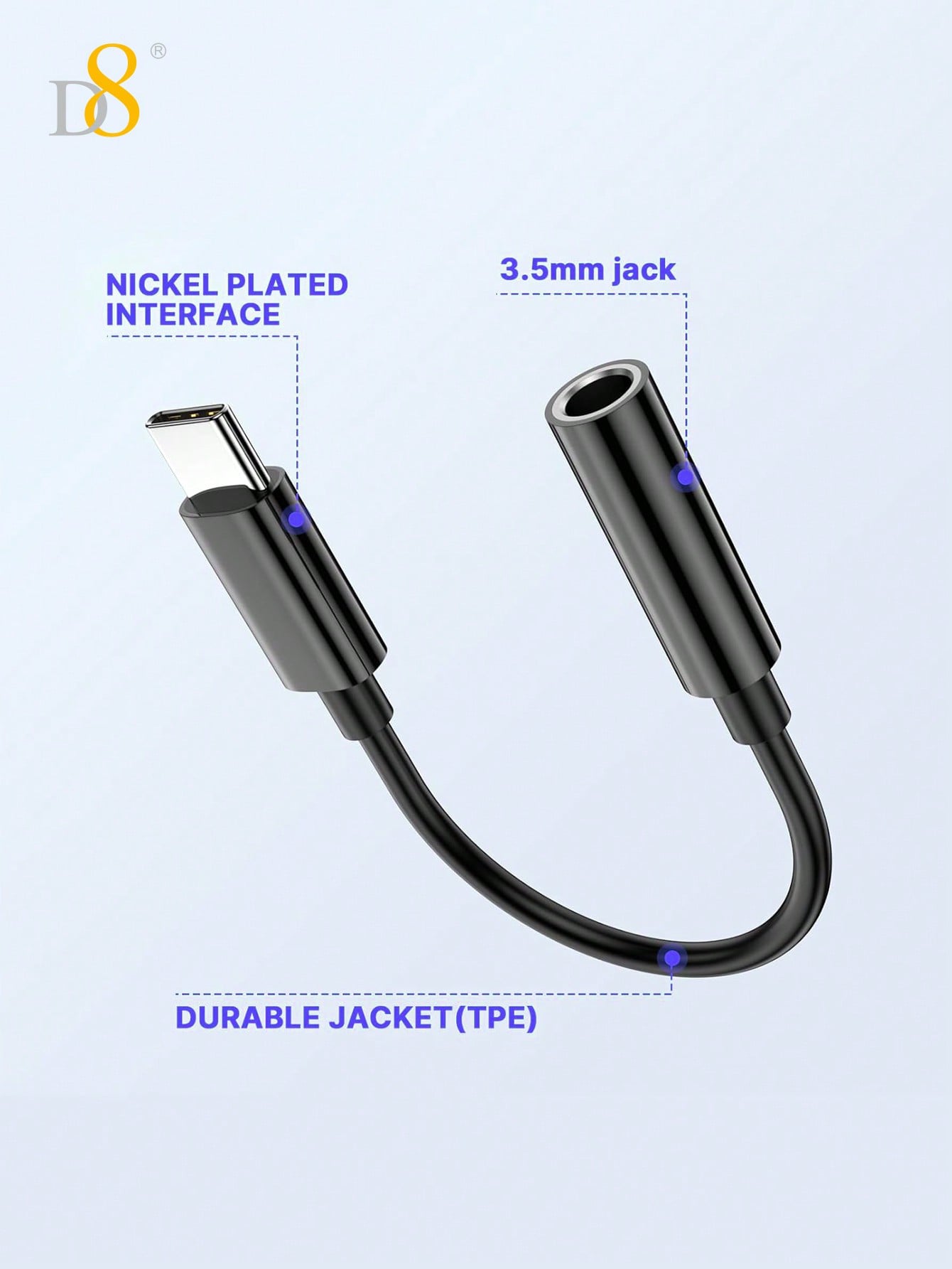 D8 USB-C to 3.5mm Adapter, Aux Dongle for iPhone 16/Galaxy/iPad/Pixel 8