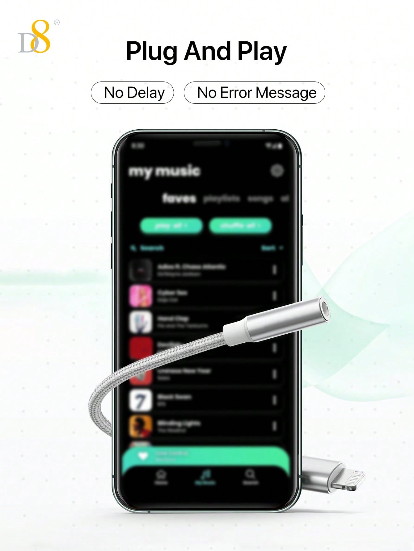 D8 MFi Certified Lightning to 3.5mm Headphone Adapter, iPhone Aux Dongle