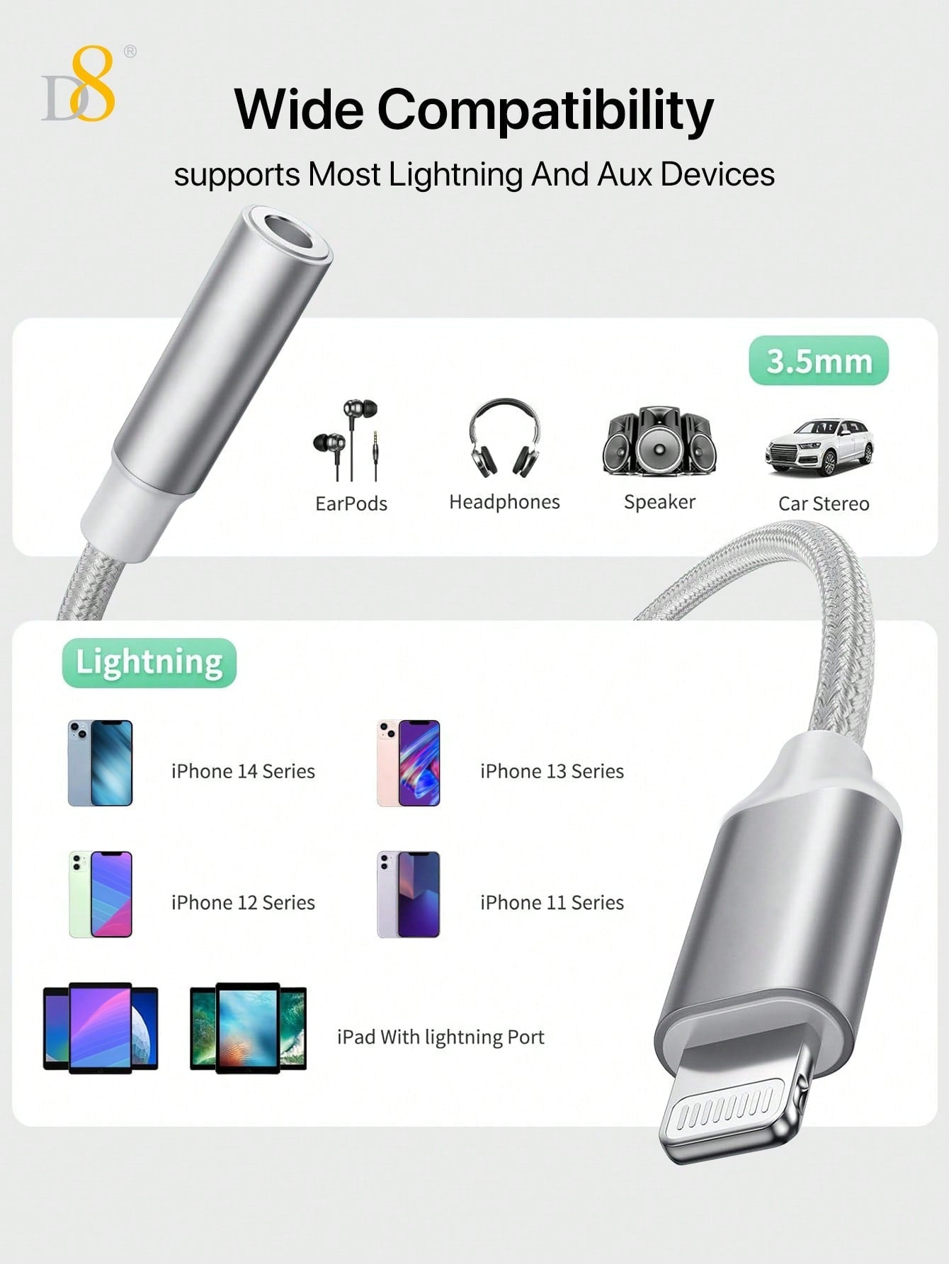 D8 MFi Certified Lightning to 3.5mm Headphone Adapter, iPhone Aux Dongle