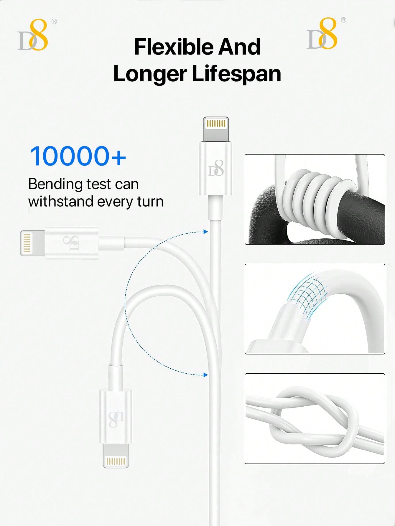 D8 iPhone Charger Cable (0.25M, USB A to Lightning, MFi Certified, 2.4A Fast Charging)