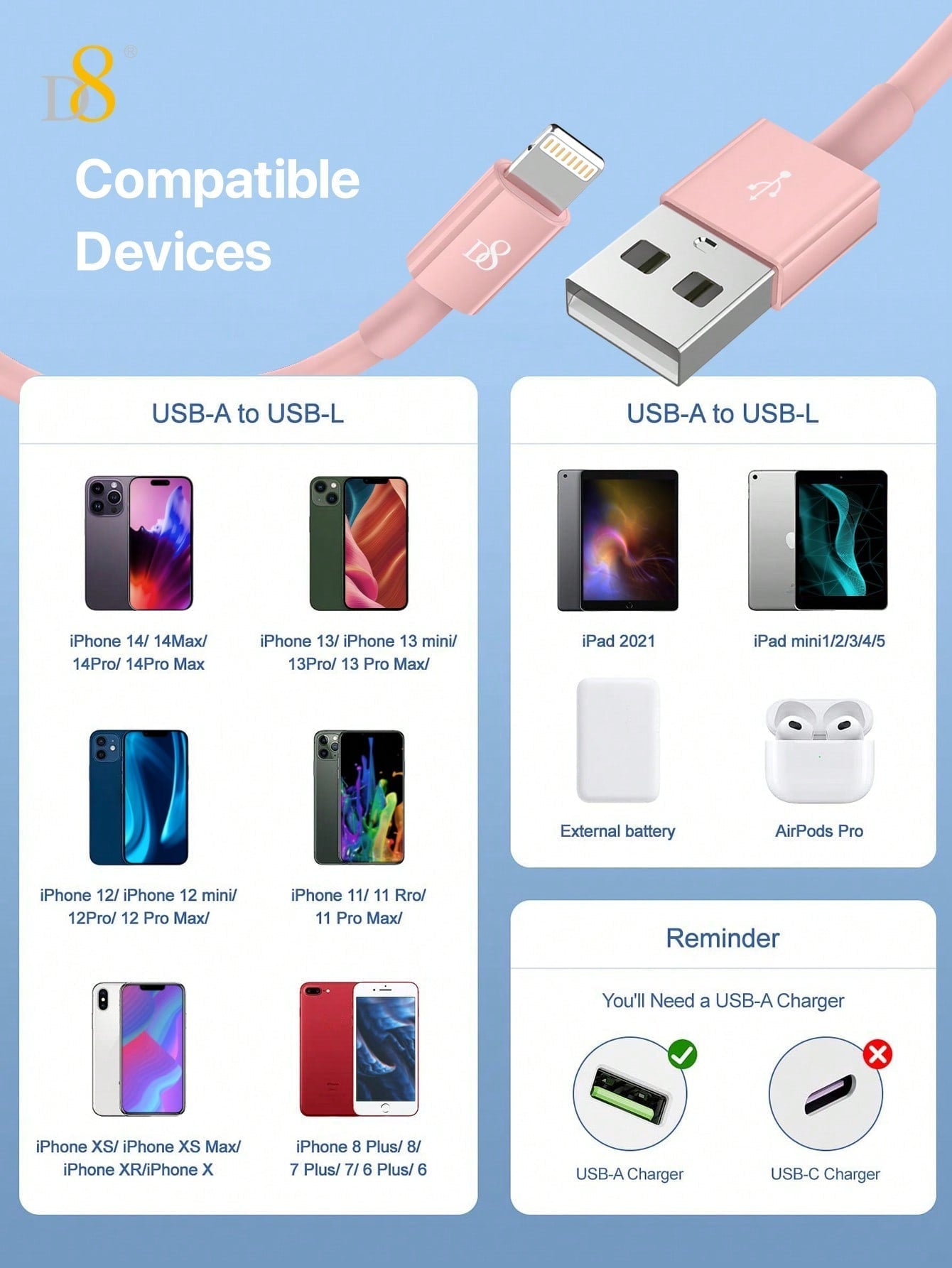 D8 MFi Certified USB-A to Lightning Cable, 2.4A Fast Charging (0.25M/1M/1.5M/2M)