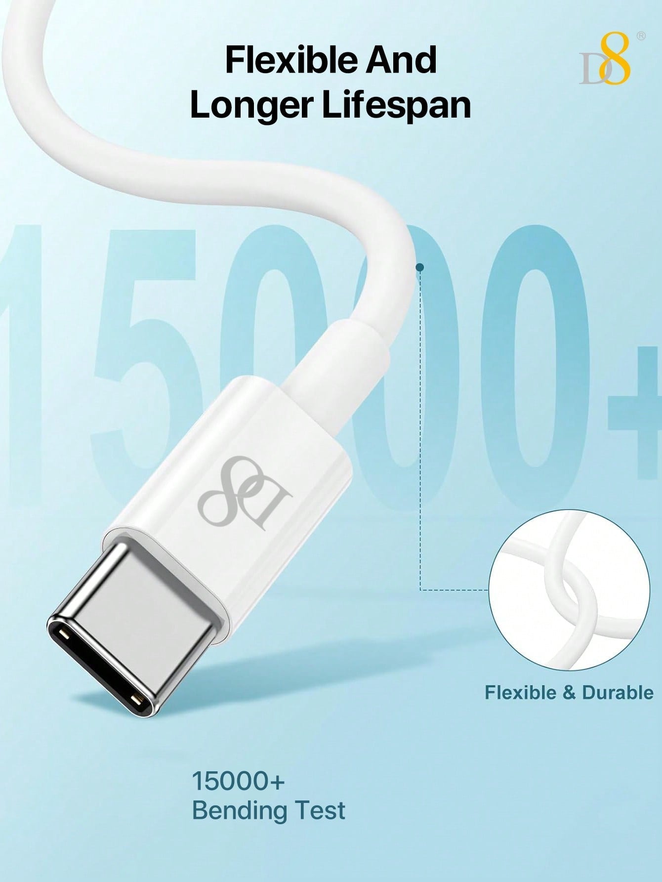 D8 USB-C to USB-C Cable (0.83ft, 60W/3A) Fast Charging Cable for iPhone 16, 15, iPad Pro, Galaxy & More