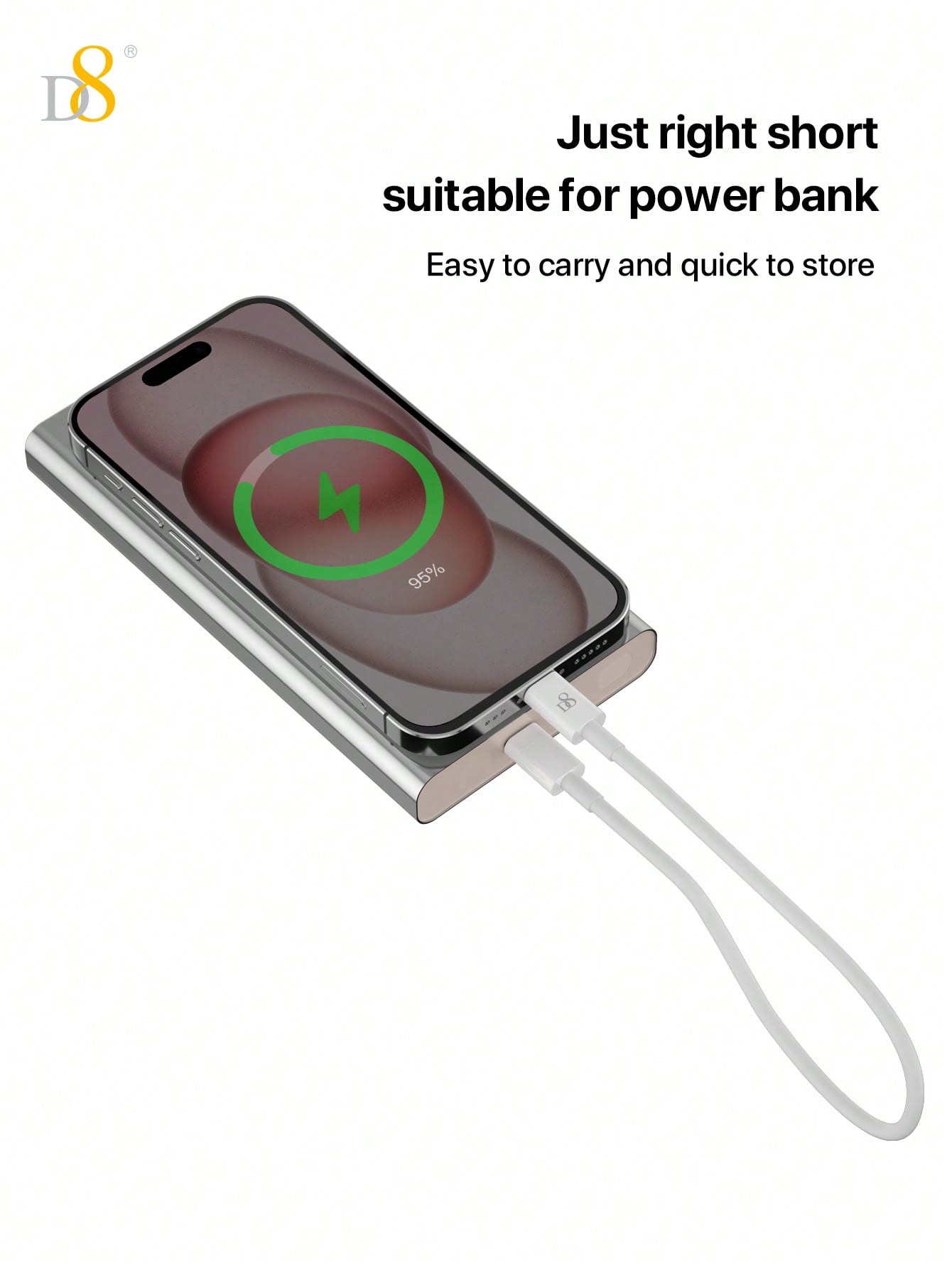 D8 USB-C to USB-C Cable (0.83ft, 60W/3A) Fast Charging Cable for iPhone 16, 15, iPad Pro, Galaxy & More