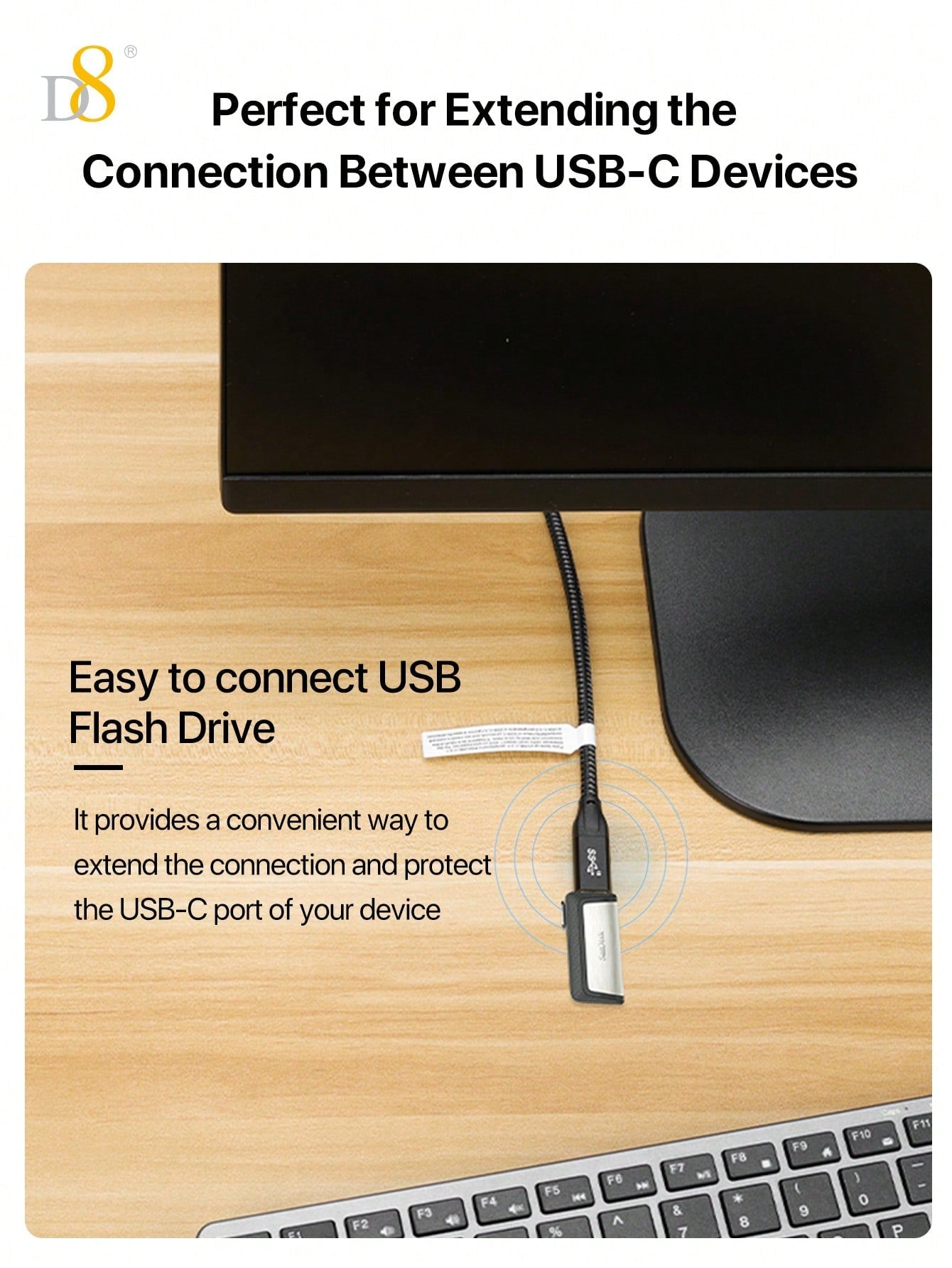 D8 USB 3.1 Type-C Male to Female Extension Cable – 10Gbps SuperSpeed, 4K HD Support, Compatible with iPhone 16 & iPad Pro