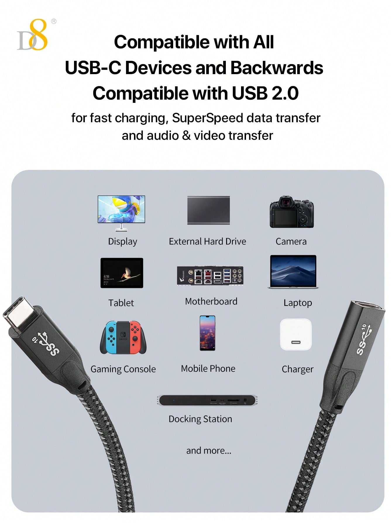 D8 USB 3.1 Type-C Male to Female Extension Cable – 10Gbps SuperSpeed, 4K HD Support, Compatible with iPhone 16 & iPad Pro