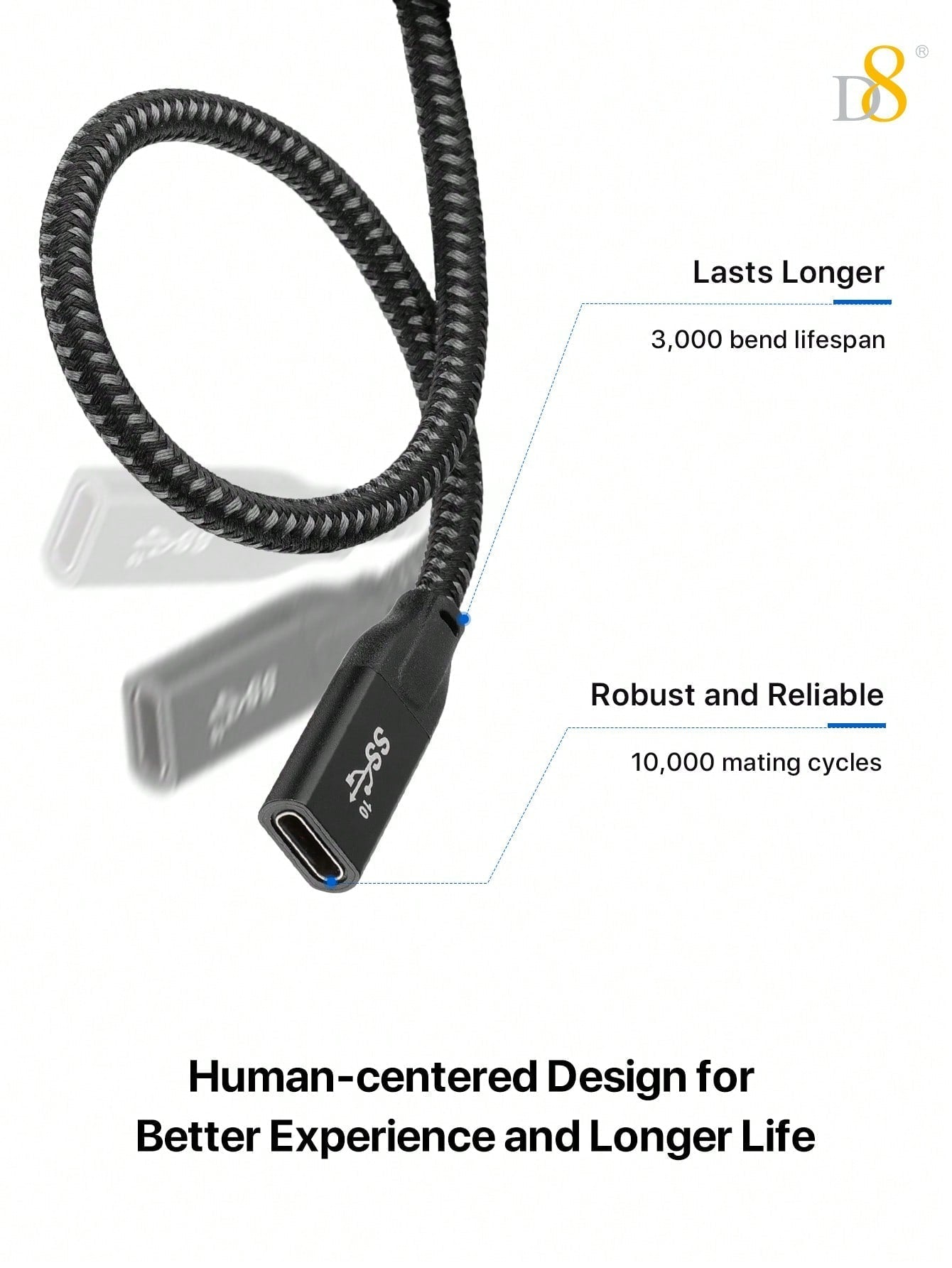 D8 USB 3.1 Type-C Male to Female Extension Cable – 10Gbps SuperSpeed, 4K HD Support, Compatible with iPhone 16 & iPad Pro