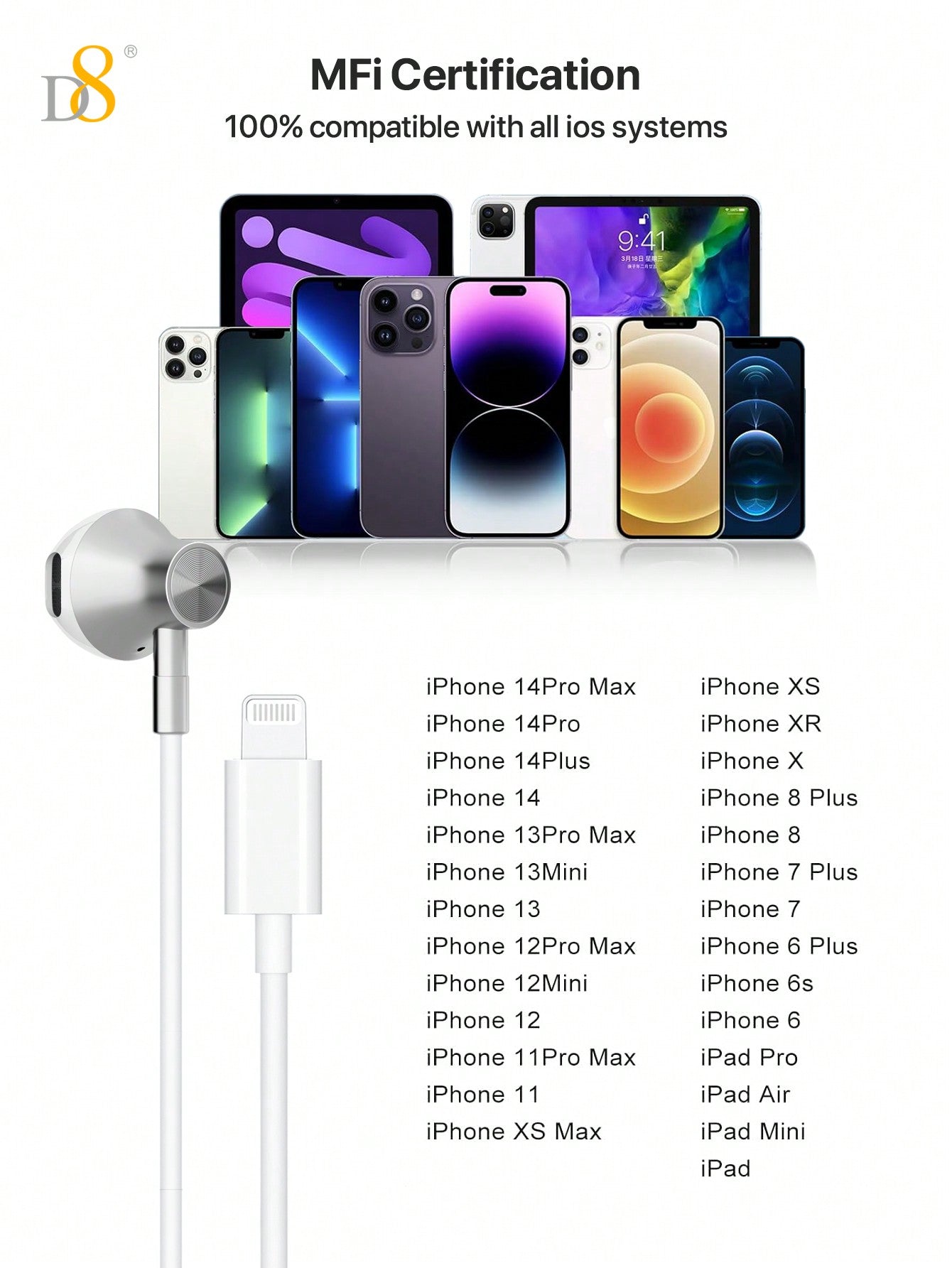 D8 Lightning Headphones with Microphone & Remote for iPhone