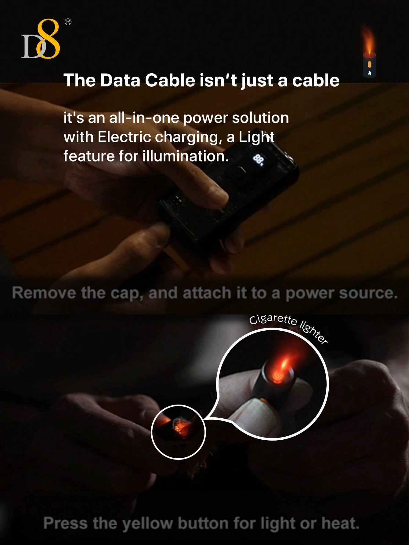 D8 240W All-In-1 Portable Charging Cable, USB C to USB C, LED Lighting & Precision Heating Element