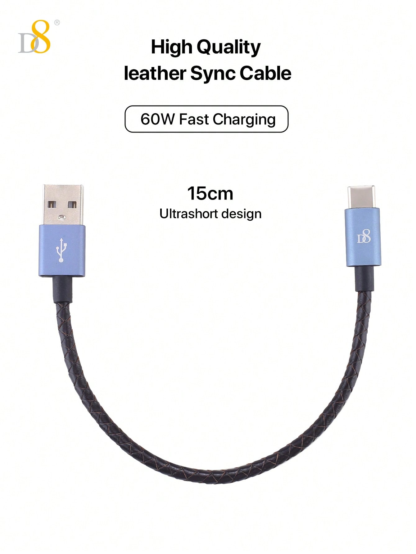 D8 Genuine Leather USB-C Cable, 60W/0.2m, USB-A to Type-C for iPhone/Galaxy
