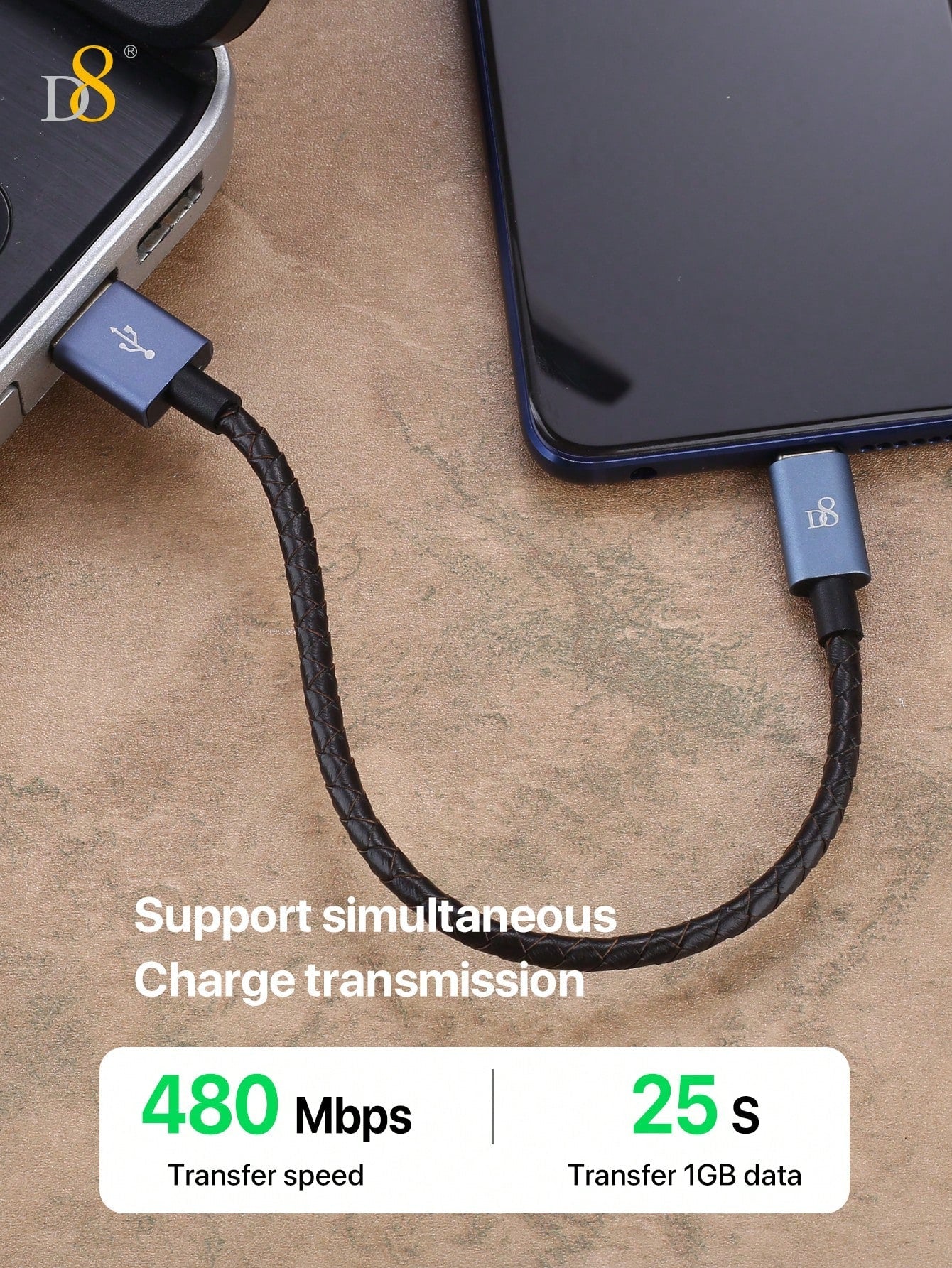 D8 Genuine Leather USB-C Cable, 60W/0.2m, USB-A to Type-C for iPhone/Galaxy