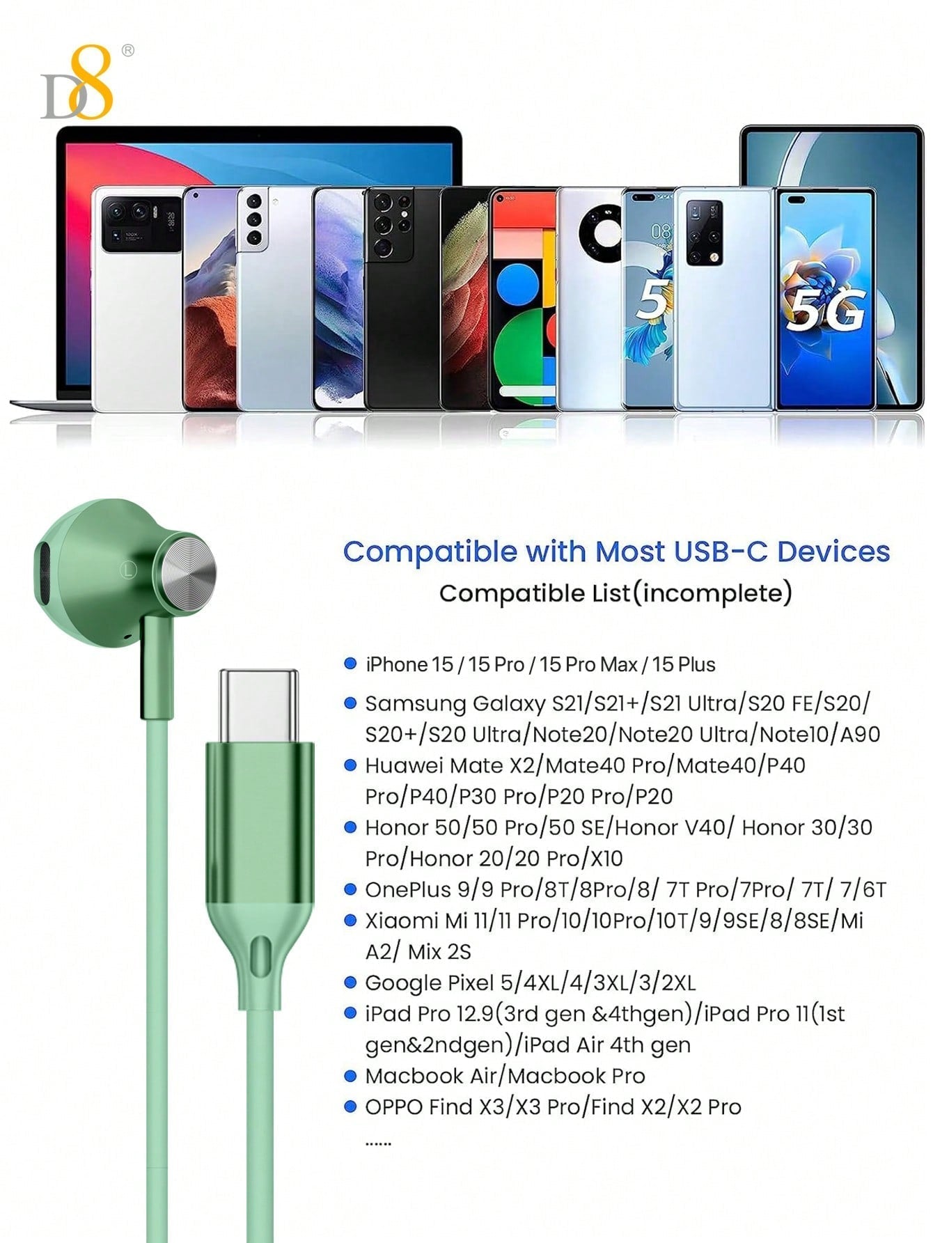 D8 USB-C In-Ear Headphones, Mic & Volume Control for iPhone/Galaxy/iPad