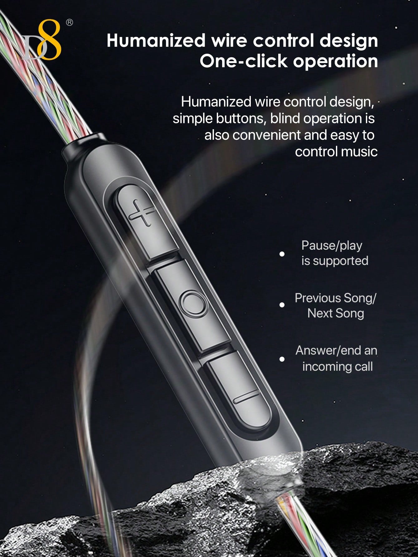 D8 USB-C Wired Earbuds, Mic, Controls, Sport Earhook, for iPhone/Galaxy/iPad