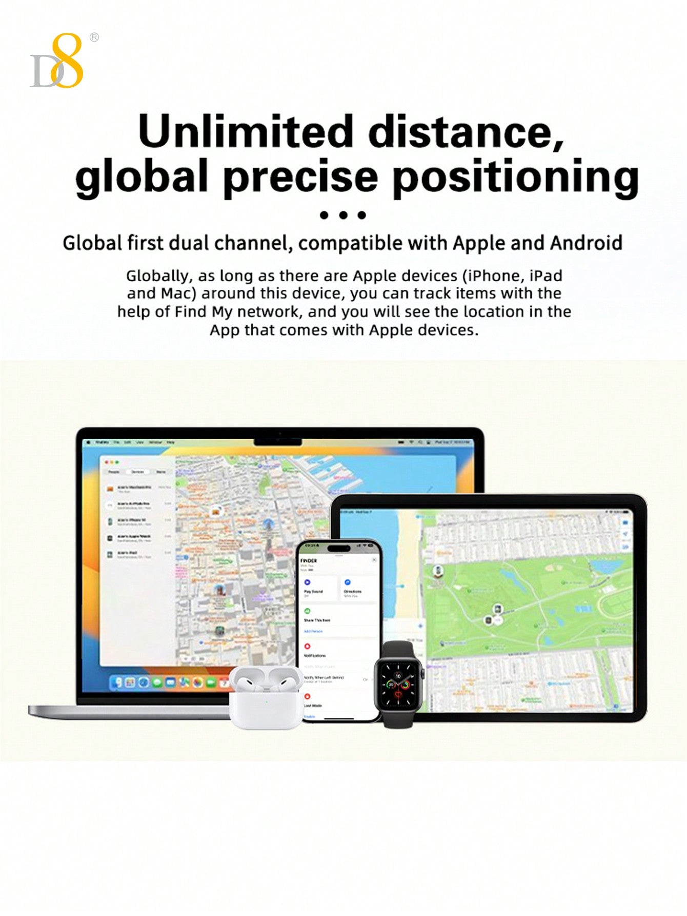 D8 Mini Wallet Tracker Card, Apple MFi Certified, Wireless Charging, IP67 Waterproof