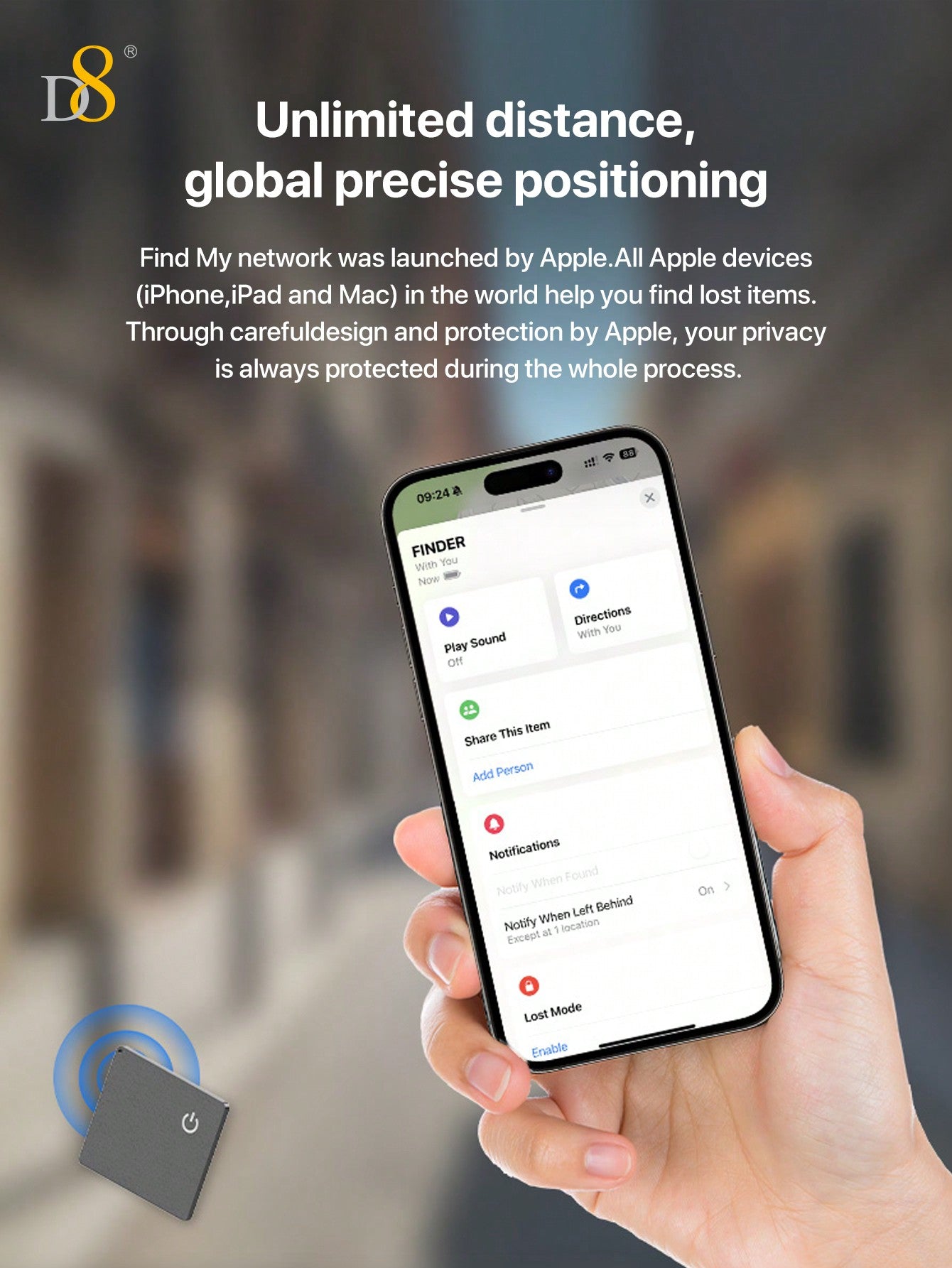 D8 Mini Wallet Tracker Card, Apple MFi Certified, Wireless Charging, IP67 Waterproof