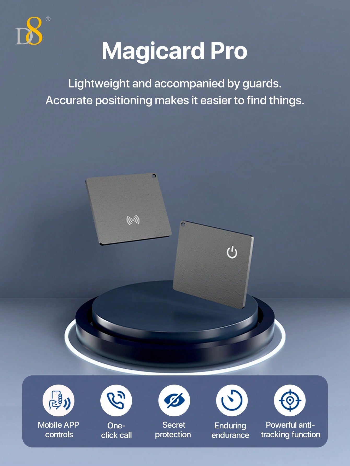 D8 Mini Wallet Tracker Card, Apple MFi Certified, Wireless Charging, IP67 Waterproof